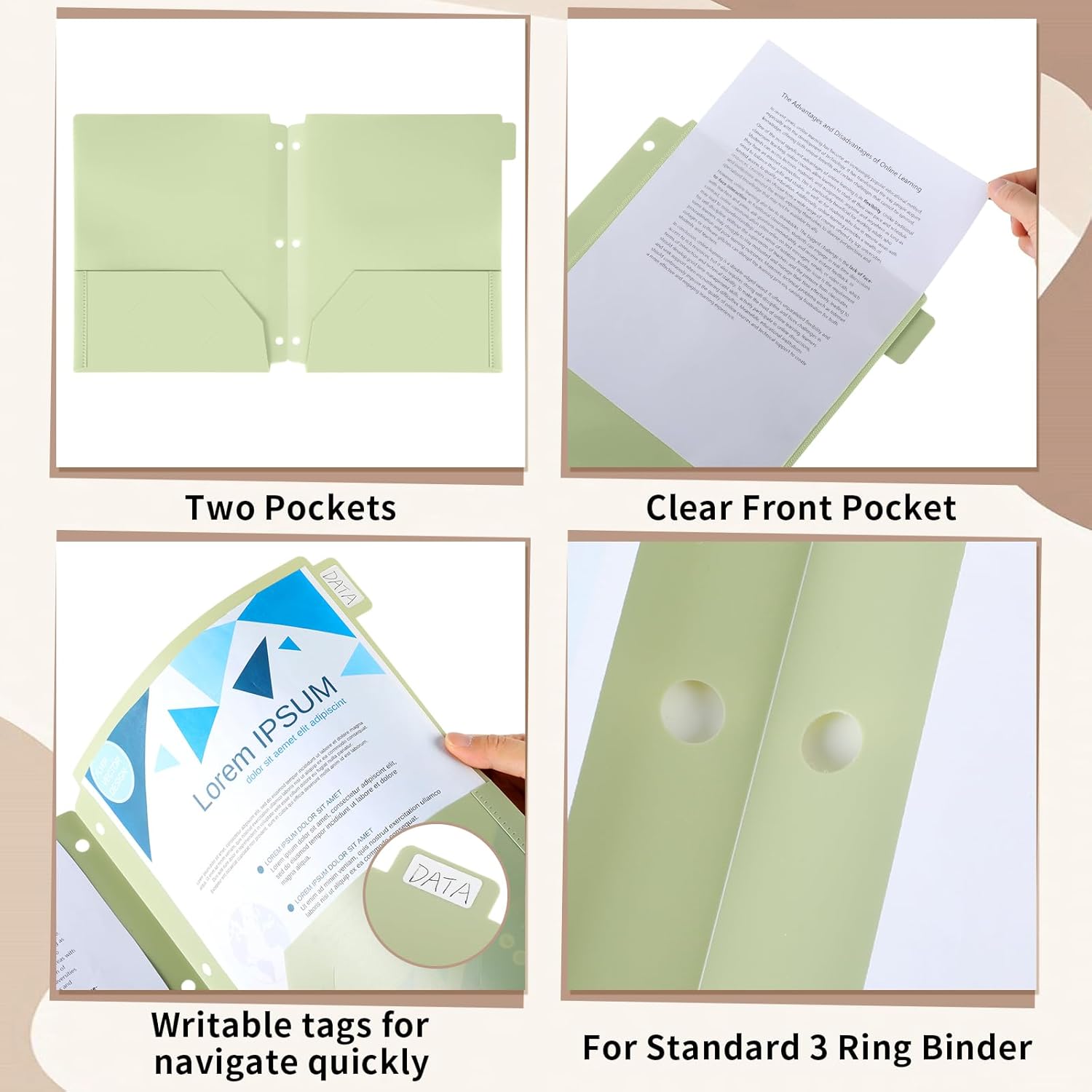 Honoson 30 Pcs Plastic Folders with Clear Front Pocket 3 Hole Morandi Punched Folders for 3 Ring Binder 1/6 Cut Tabs for School Office Classroom