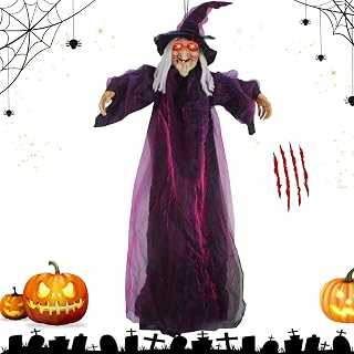 Efymosce Décoration de sorcière animée à Suspendre, sorcière parlante aux Yeux Lumineux, Son Effrayant, décoration d'halloween pour Jardin, Cour et pelouse (A)