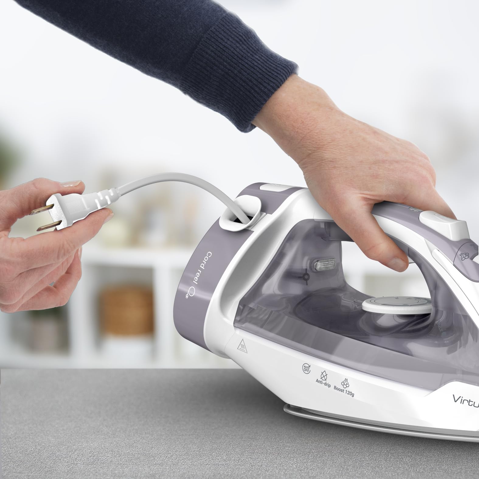 T-fal Virtuo FV2C80U0 - Plancha de vapor con cable retráctil y apagado automático, suela de cerámica XL, color gris