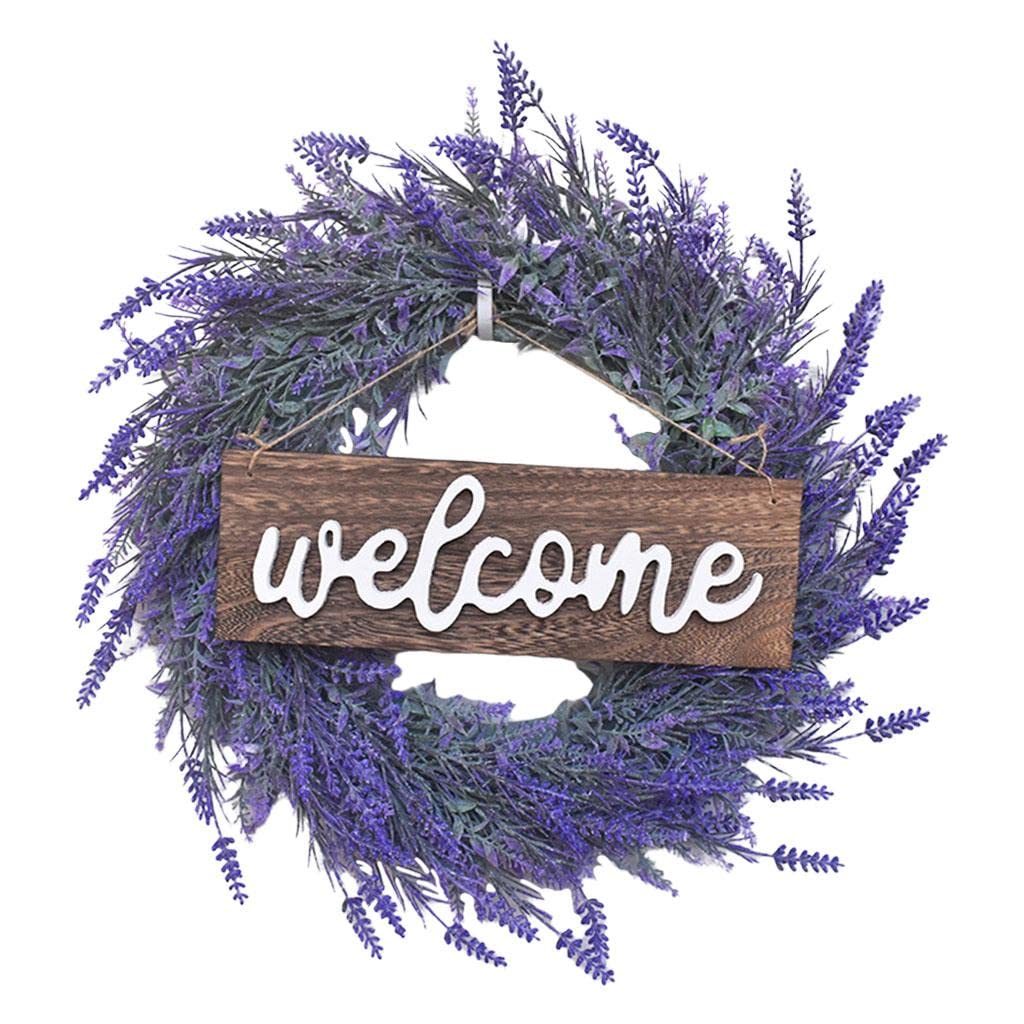 B Baosity Lavender Wreath, Flower Wreath, Artificial Door Wreath, Floral Garland, And for Weddings, Living Rooms, Entryways, Fireplaces, Tables, And, Lavender Wreath with WELCOME, 45cm