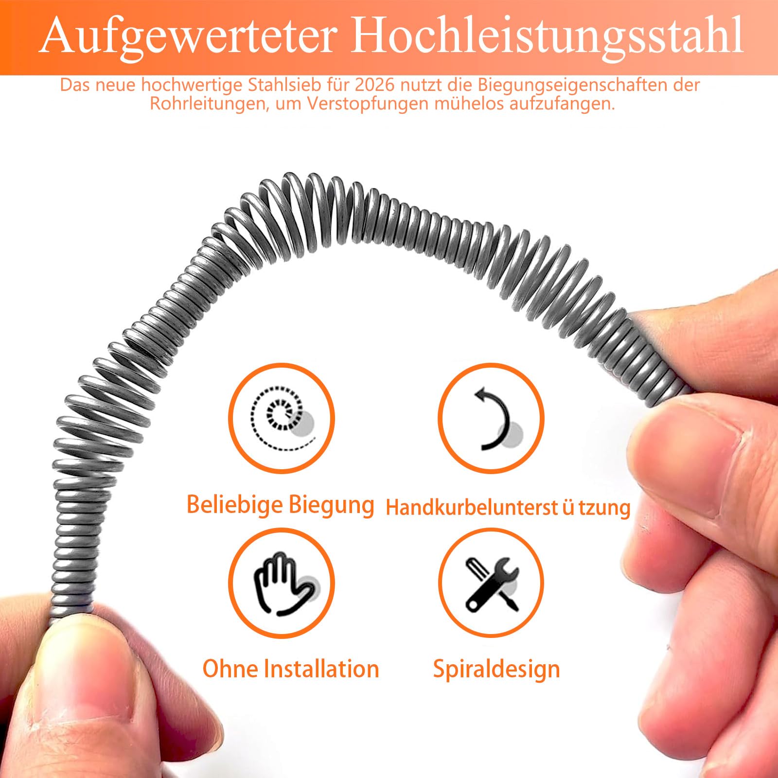 Rohrreinigungsspirale Abflussschlange Verstopfungsentferner Werkzeug – Abflussreiniger Spirale für Kanalisation, Küche, Bad, Dusche, Verstopfte Abflüsse, Öffner, Rohrreiniger 10M