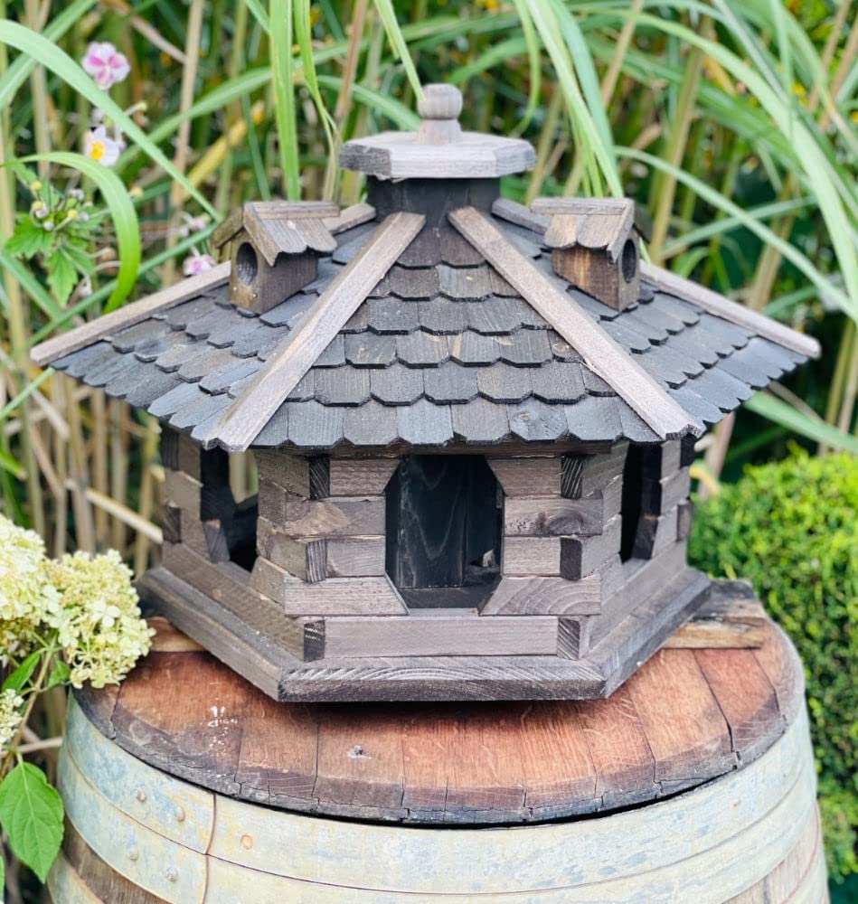 Comedero para pájaros, tamaño XL, diámetro de 600 mm, hexagonal, de madera, color marrón oscuro