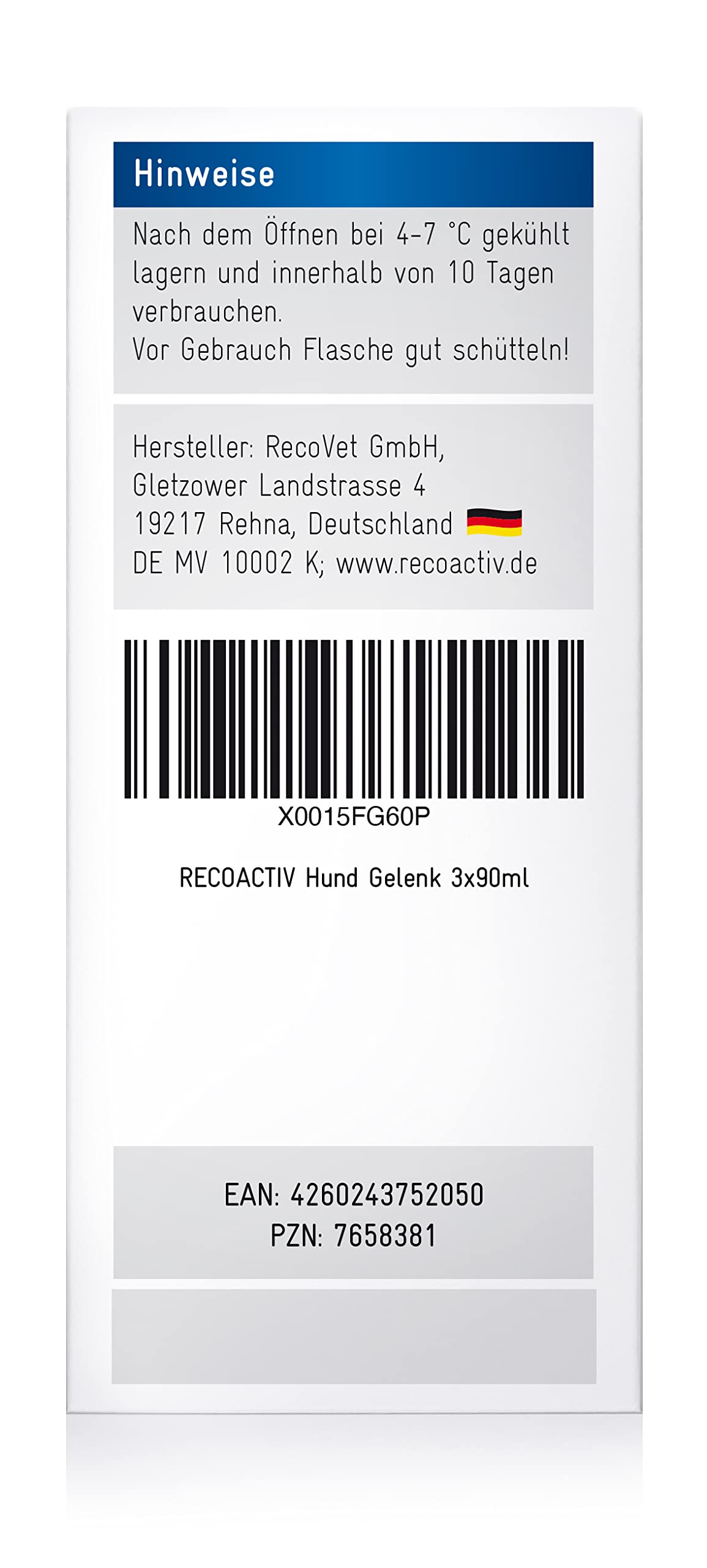 RECOACTIV Gelenk Hund - hochdosiertes EPA + Omega-3, Glucosamin, MSM, Chondroitin, Grünlippmuschel - zur Unterstützung des Gelenkstoffwechsels, schmackhaftes Diät-Ergänzungsfuttermittel, 3 x 90 ml