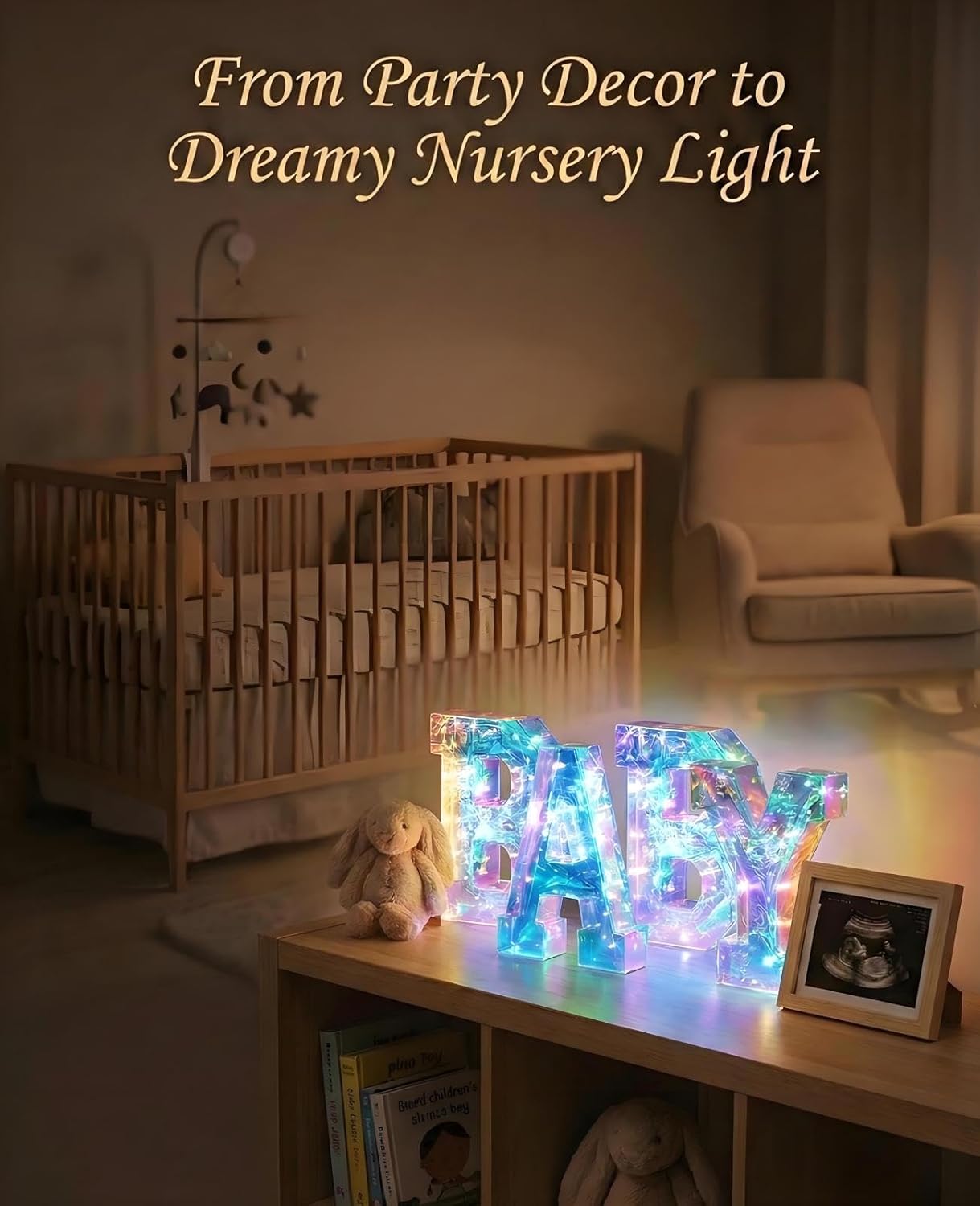 AceList Iridescent Baby Marquee Letters for Baby Shower - 7.87 Inch Light Up Sign for Table Centerpiece & Backdrop, Holographic 70 LED Decor for Gender Reveal, Nursery Room, Birthday Party Supplies