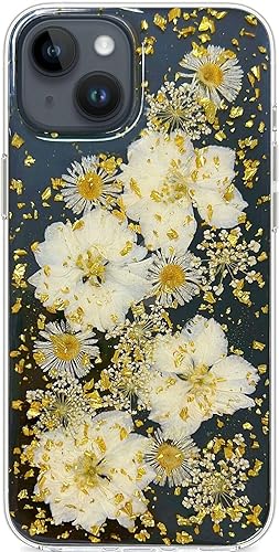 Abbery Funda diseñada para iPhone 13 Pro Max con diseño de flores prensadas, bonita funda de silicona suave de poliuretano termoplástico seca con