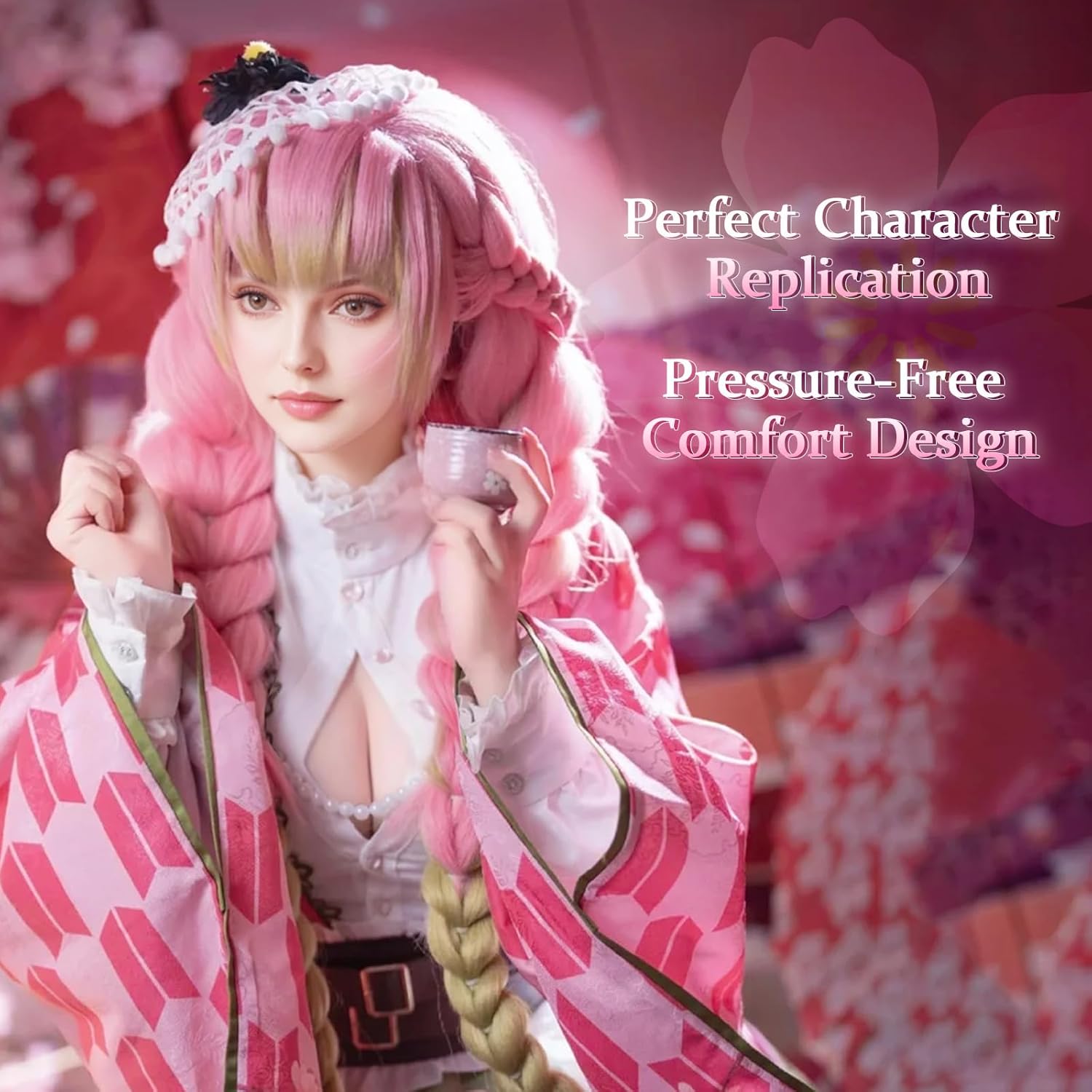 Cute Halloween Anime Pink and Green Cosplay Wig, 2 Hair Caps + Wig, Synthetic Braided Hair with Pigtails for Parties and Cosplay Events for Women and Teen Girls - Image 2