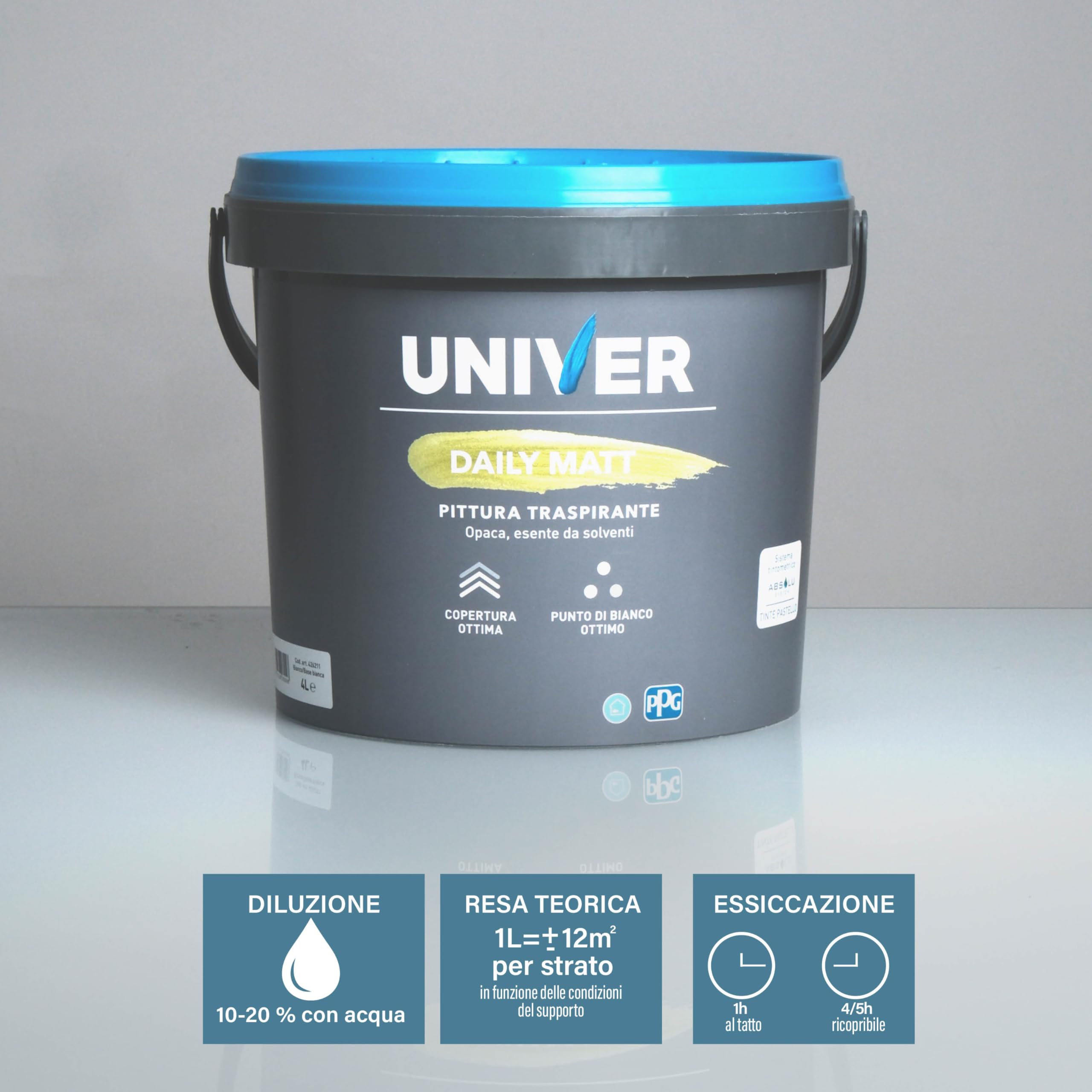 Pittura Bianca per Interni Lavabile 4 Litri Classe A+, Vernice Bianca per Muro Interno Traspirante Opaca ad Alta Copertura, con Pennello Plafone 10x4cm e Nastro per Mascheratura, Kit Pronto Uso