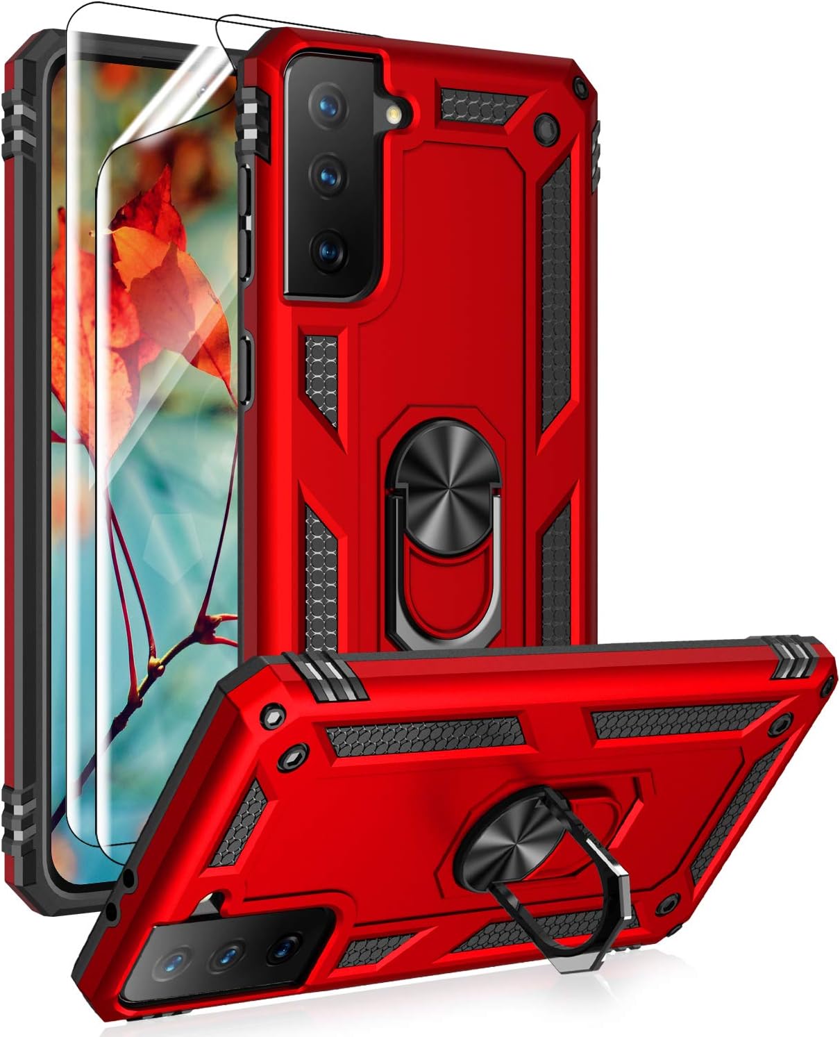 Samsung Galaxy S21 5G Case with HD Screen Protectors, Androgate Military-Grade Metal Ring Holder Kickstand 15ft Drop Tested Shockproof Cover Case for Samsung Galaxy S21 Red