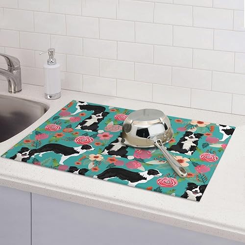Miniatura 6 de RLDOBOFE Tapete de secado de platos para encimera de cocina, tapete escurridor antideslizante Border Collie Florals, almohadilla de secado de
