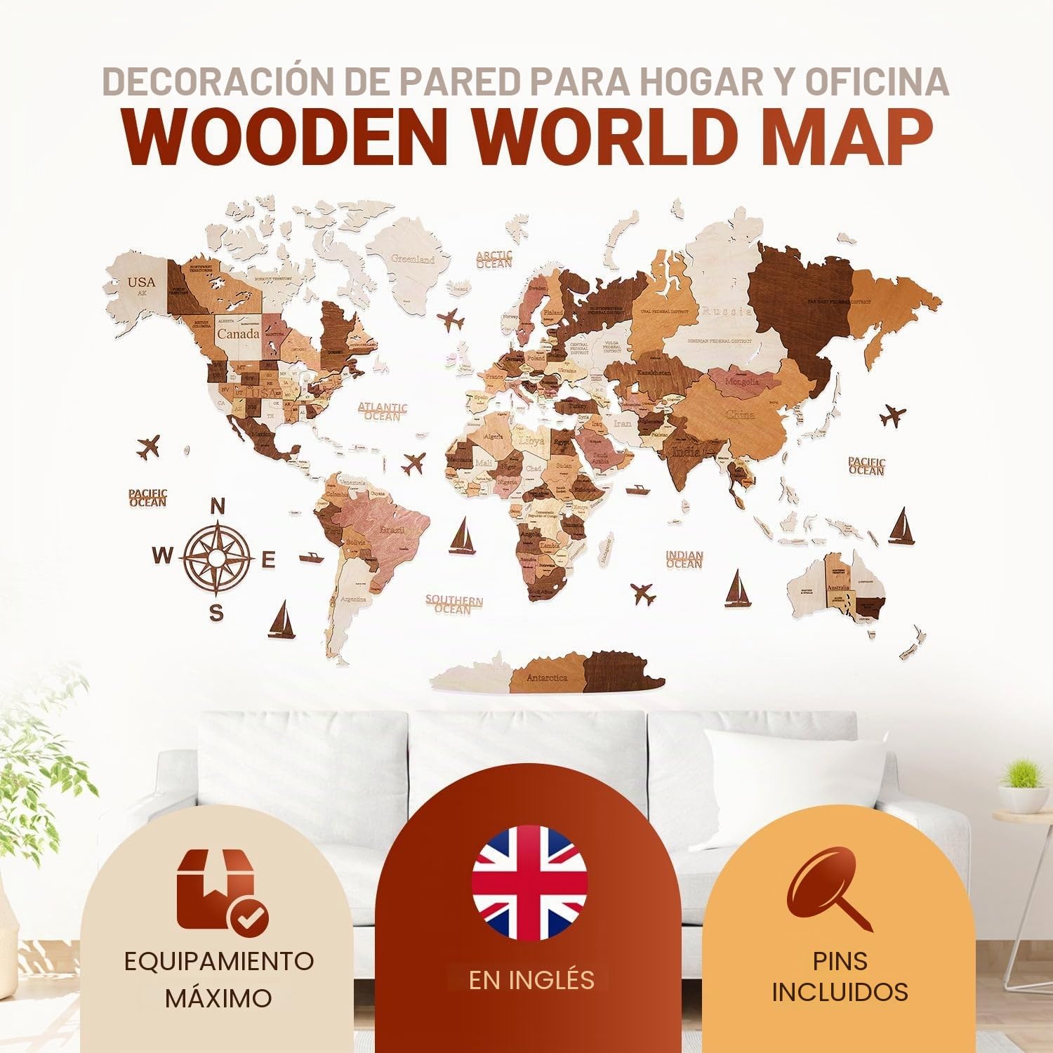 Mapamundi de Madera en Inglés - Decoración 3D sin Taladrar | Contrachapado de abedul multicapa, 324 pines con banderas, 120x62 cm, solo 1,6 kg, montaje adhesivo, cabe sobre el escritorio