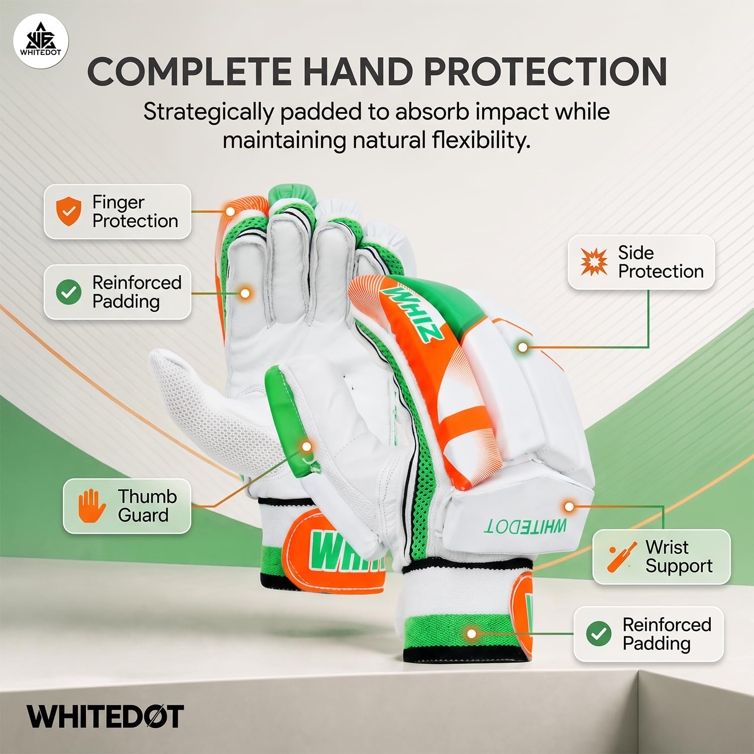 WHITEDOT Sports Whiz Leather Cricket Batting Gloves, Multicolor, Suitable for Beginner and Intermediate Players, Mens Rh, One Size 2