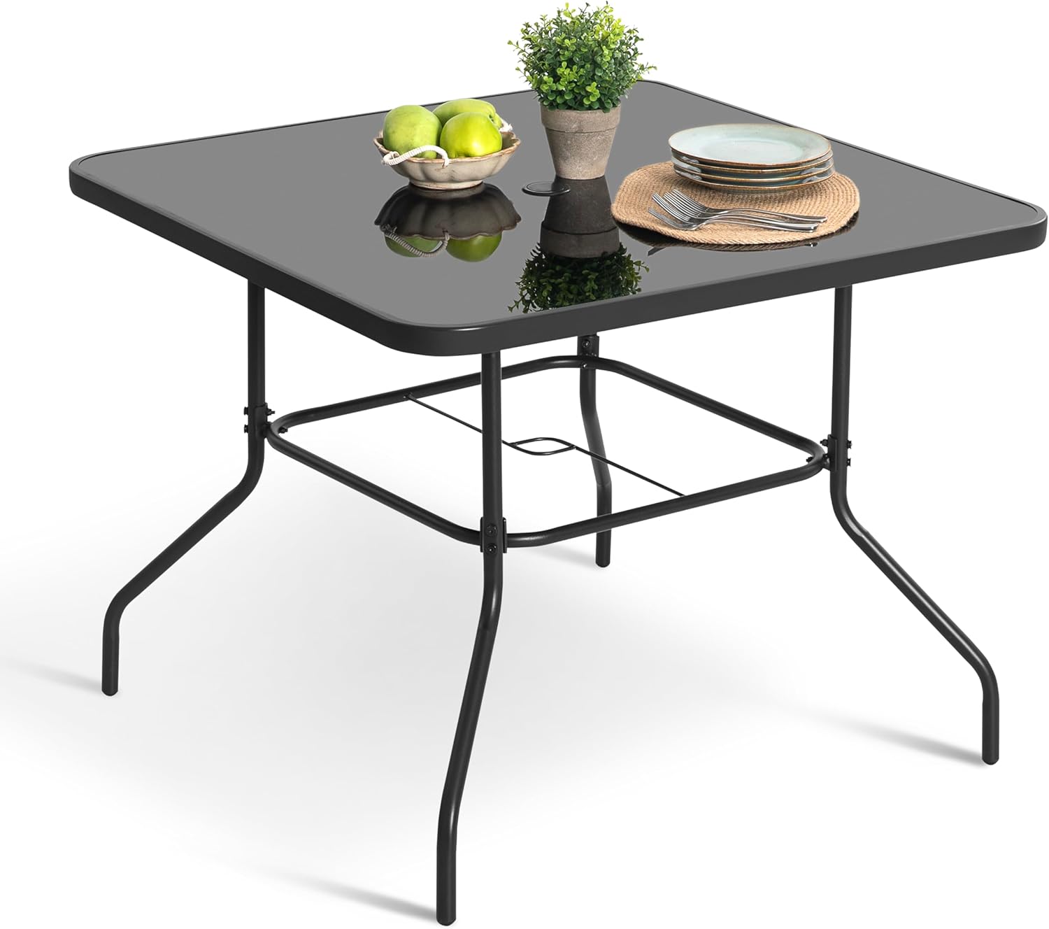NUU GARDEN 31.5'' Square Outdoor Table, Patio Table with Umbrella Hole, Patio Dining Table with Tempered Glass, Outdoor Dining Tables, Square Patio Table for Balcony, Backyard, Poolside,Black