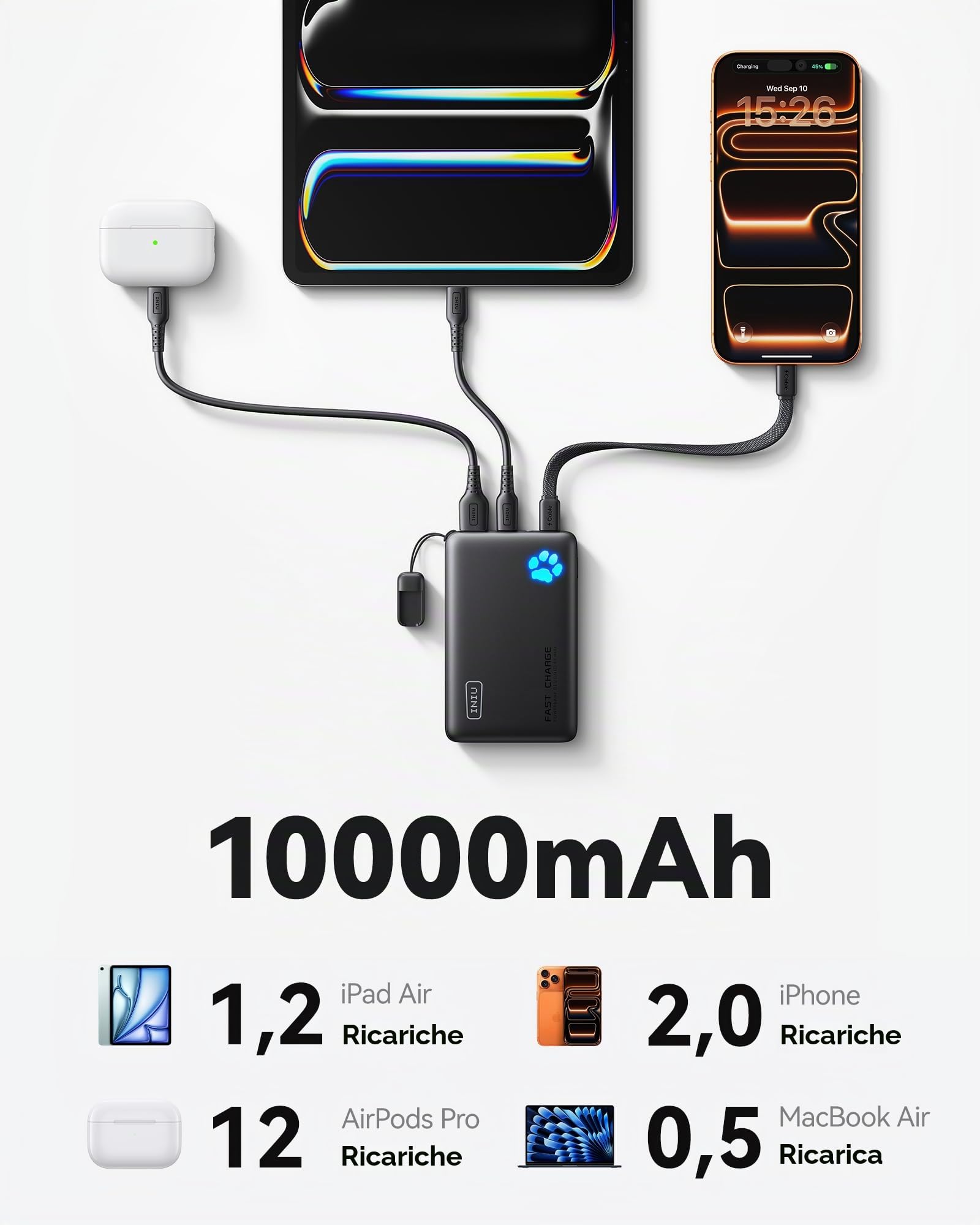 INIU Power Bank, caricabatterie portatile da 45 W PD più leggero 10000 mAh, USB C in&Out ricarica rapida, powerbank per telefono cellulare compatibile con iPhone 16 15 14 13 12 Samsung S22 S21 Google