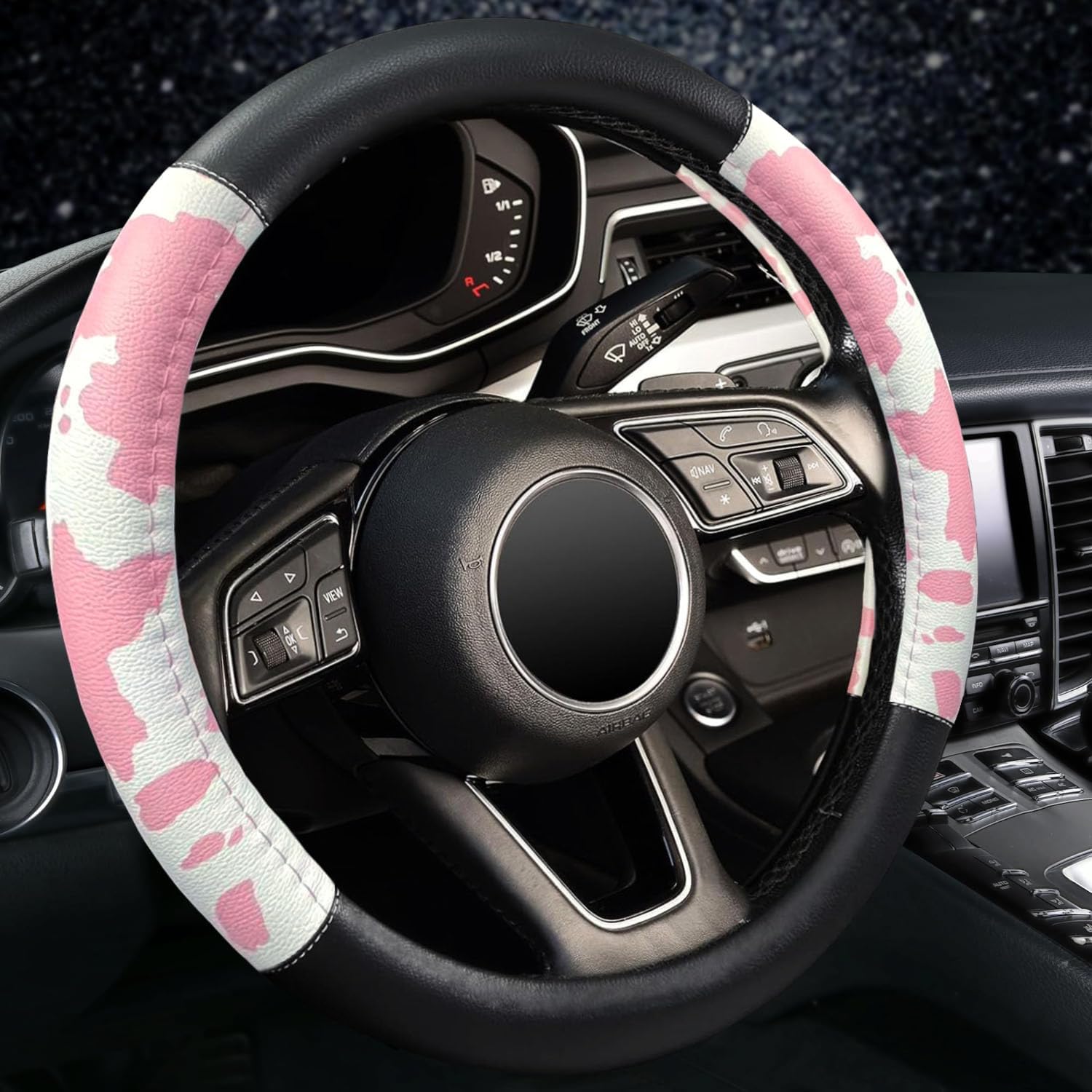 Dotesy Leather Cow Car Steering Wheel Cover - 15-inch Universal Microfiber- Soft Anti-Slip Breathable Pink Car Accessories for Women (Pink White)