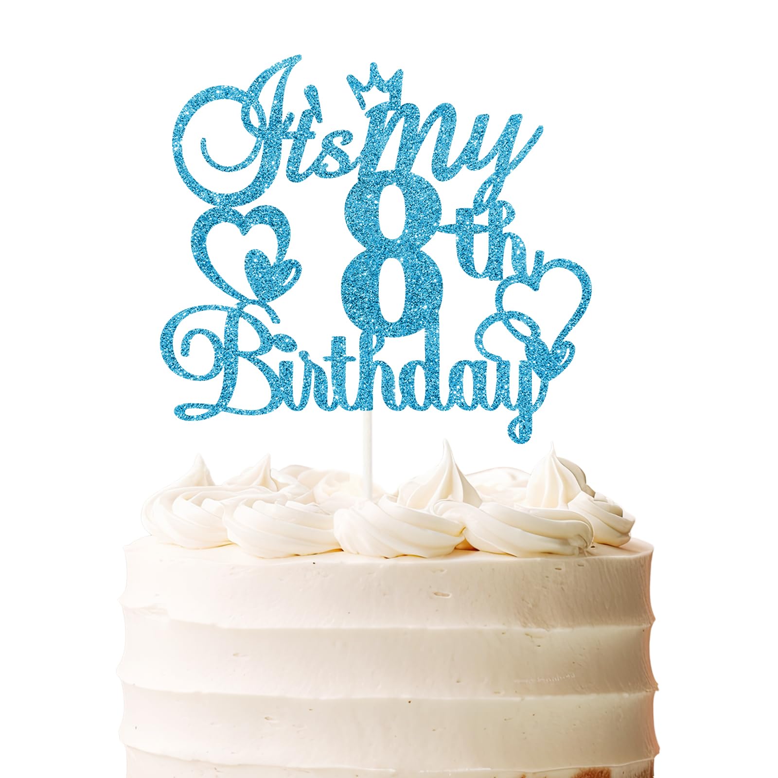 It's My 8th Birthday Cake Topper - Blue Glitter Happy 8th Birthday Cake Decor - Children's Cheers to Eight Years Old Birthday Party Supplies