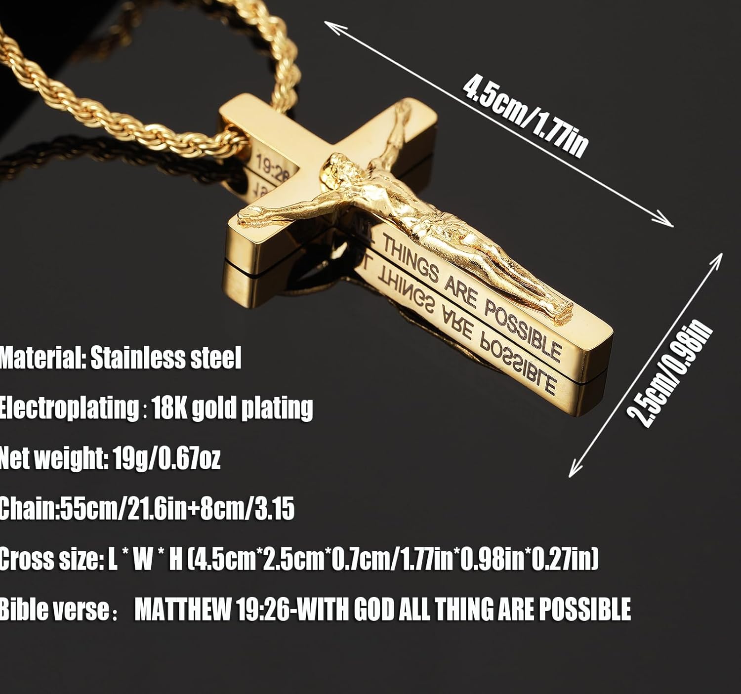 DS Christian Cross Necklace for Men Women-18K Gold Stainless Steel Crucifix Necklaces with Inspirational Bible Verse Religious Gift for Prayer Faith Jesus/God-Catholic Christian Pendant Jewelry - Image 3
