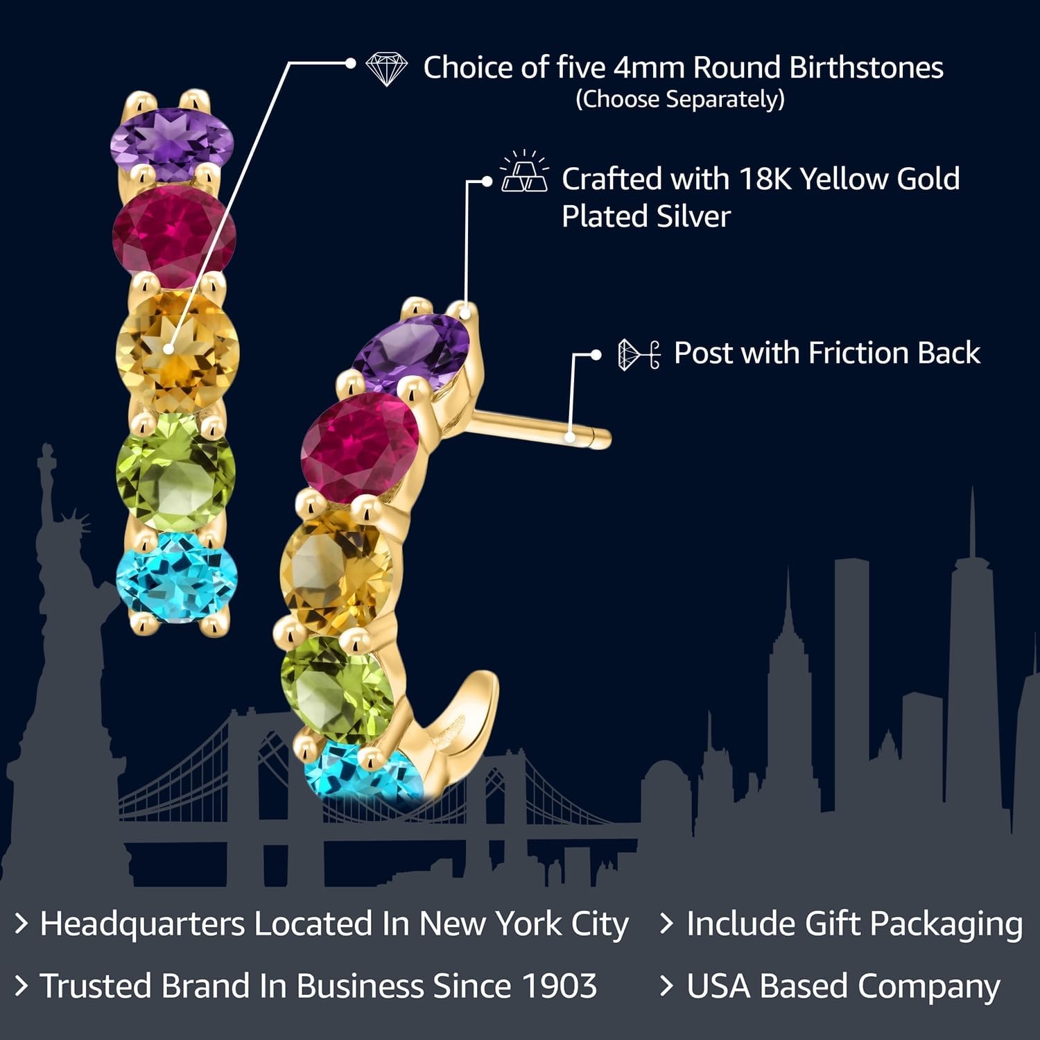 Gem Stone King 5-Stone Customized and Personalized Open Hoop Earrings For Women | 18K Yellow Gold Plated Silver | Gemstone Birthstone | Round 4.5MM | Fine Jewelry Gifts for Women Mom Wife Her