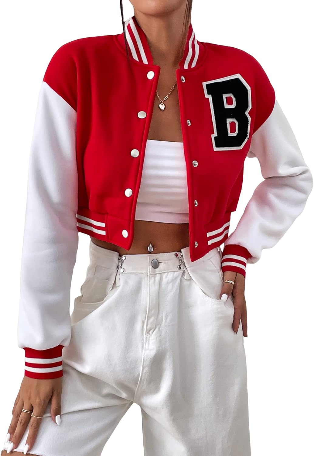 WDIRARA Women's Casual Button Down Letter Patched Color Block Crop Varsity Jacket Outerwear