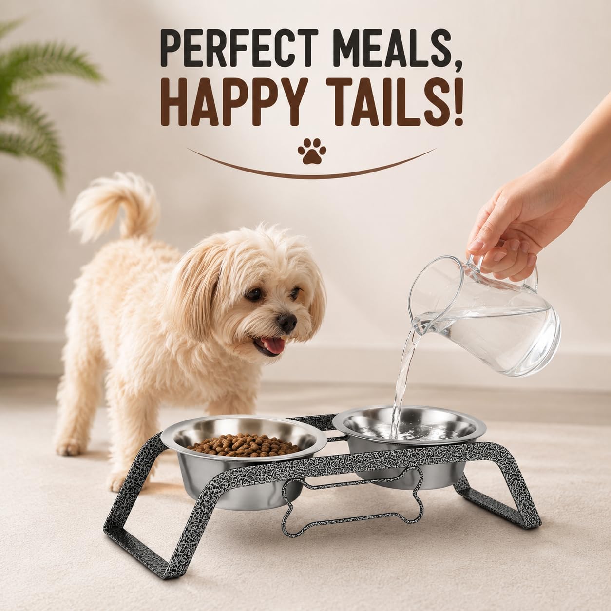 PAWPOURRI Curved Elevated Dog Diner Set with 800ml Stainless Steel Double Bowls & Iron Stand β Raised Pet Feeder for Small Dogs, Puppies & Cats, Food & Water Bowl Set - 13.4 x 6.7 x 4 Inch 4