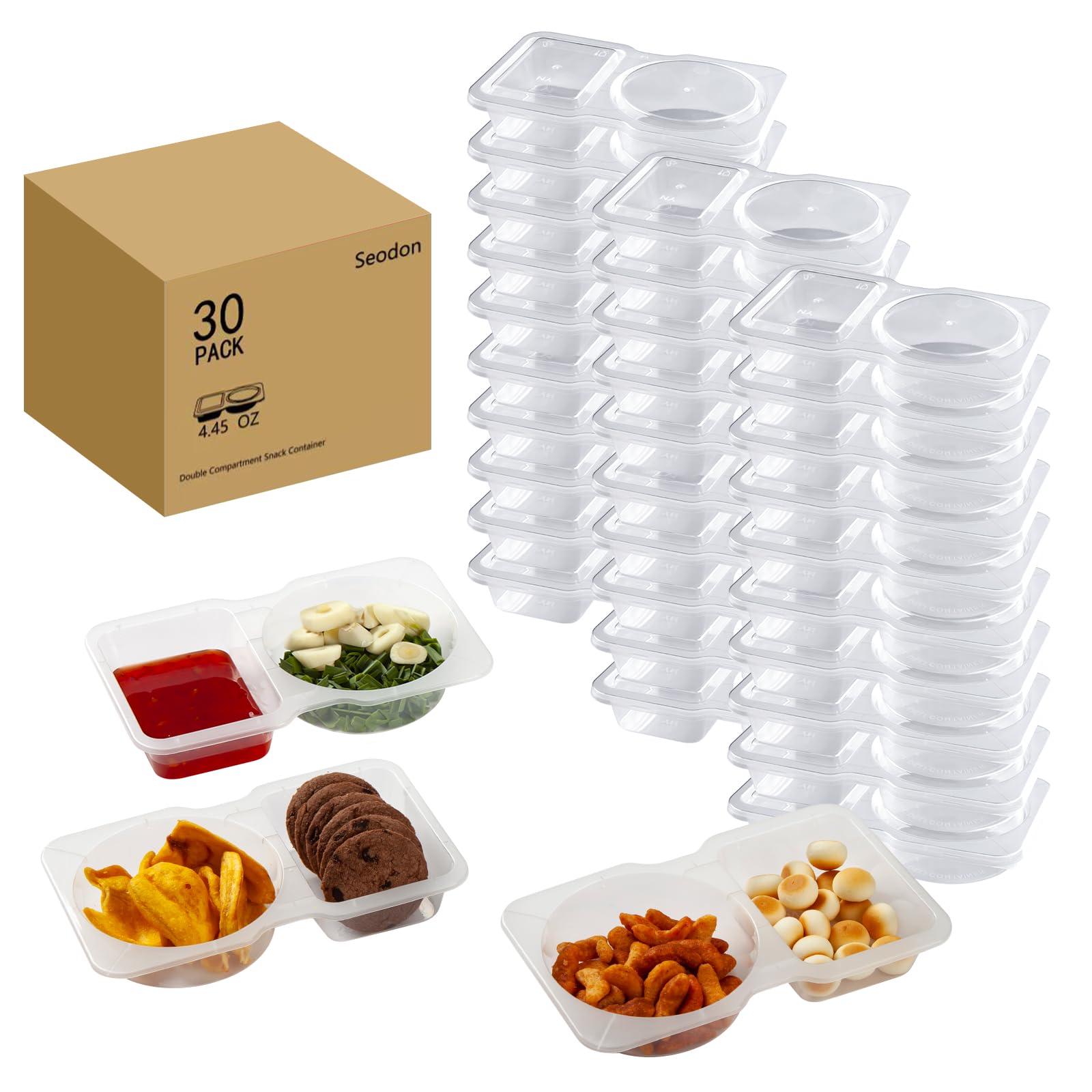 Contenedores de aperitivos de doble compartimento con tapas, caja de preparación de aperitivos, 2 compartimentos, recipientes para condimentos (30 piezas)