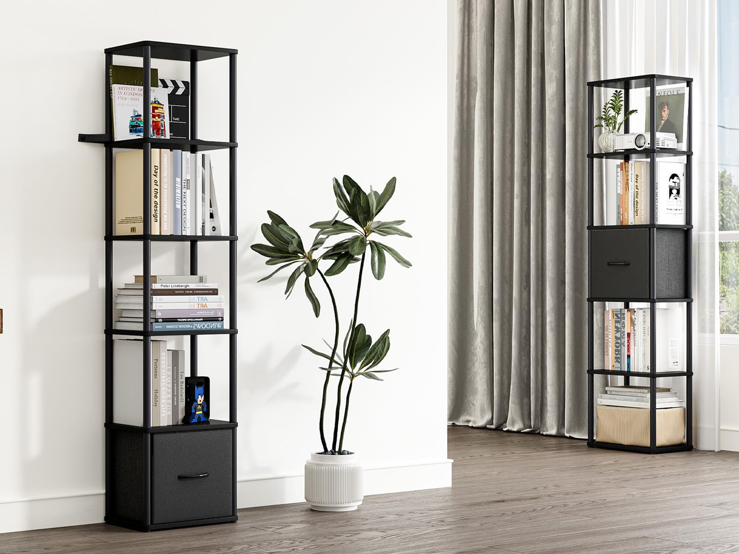 Libreria Angolare a 6 Ripiani Scaffale Salvaspazio Verticale con Struttura in Metallo e Legno Scaffale Libreria con 1 Cassetto per Soggiorno, Camera da Letto e Ufficio Nero HBC505B