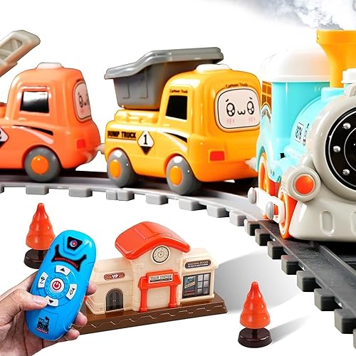 Electric Train Set with Smoke, Light & Sound  Remote Control Magnetic Locomotive with 3 Trucks, Fun Gift for Kids Ages 3-6