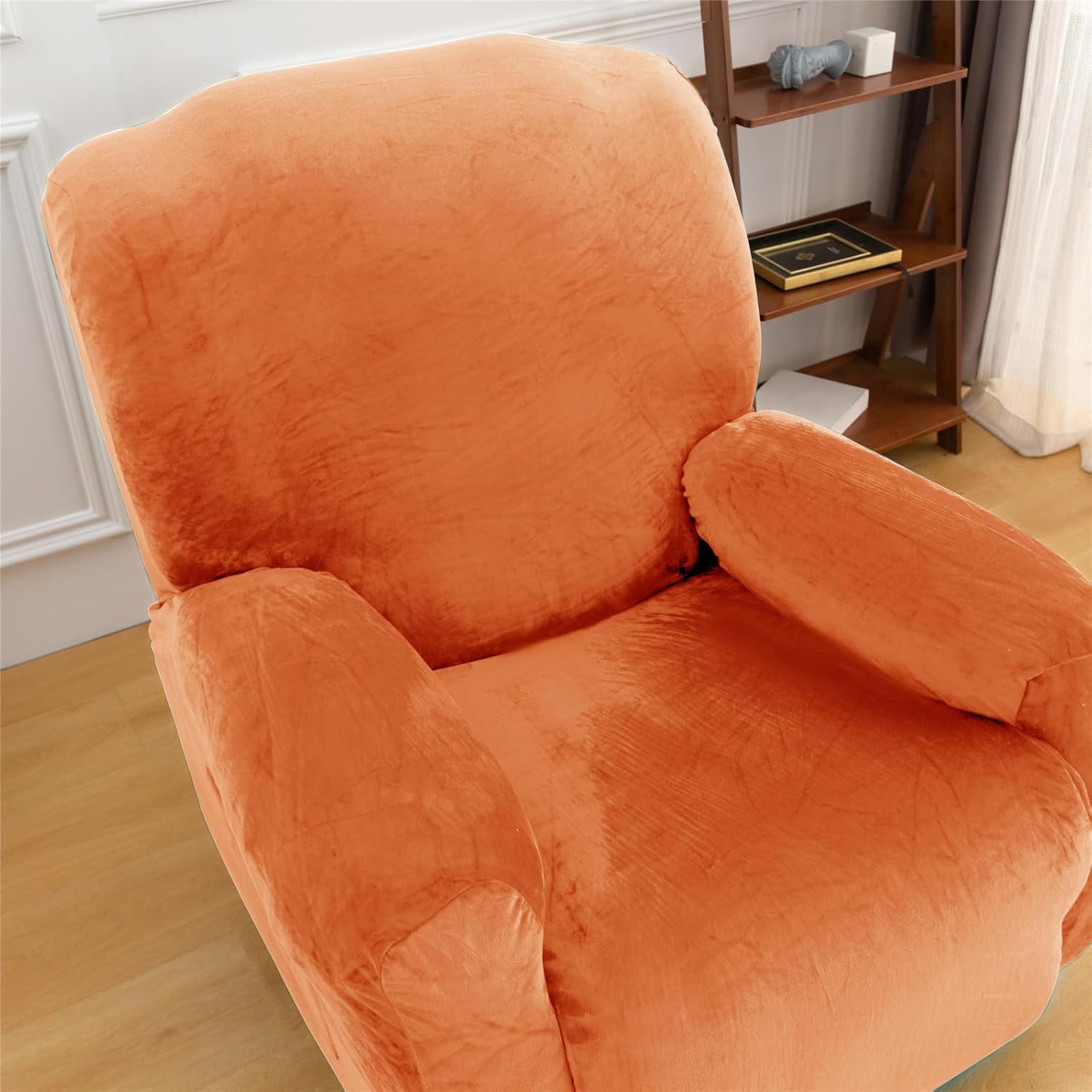 Recliner Slipcover, Velvet Stretch Reclining Chair Slipcovers 4-Pieces LazyBoy Covers Furniture Protector for Recliner with Pocket Sofa Couch Chair Cover (Orange)