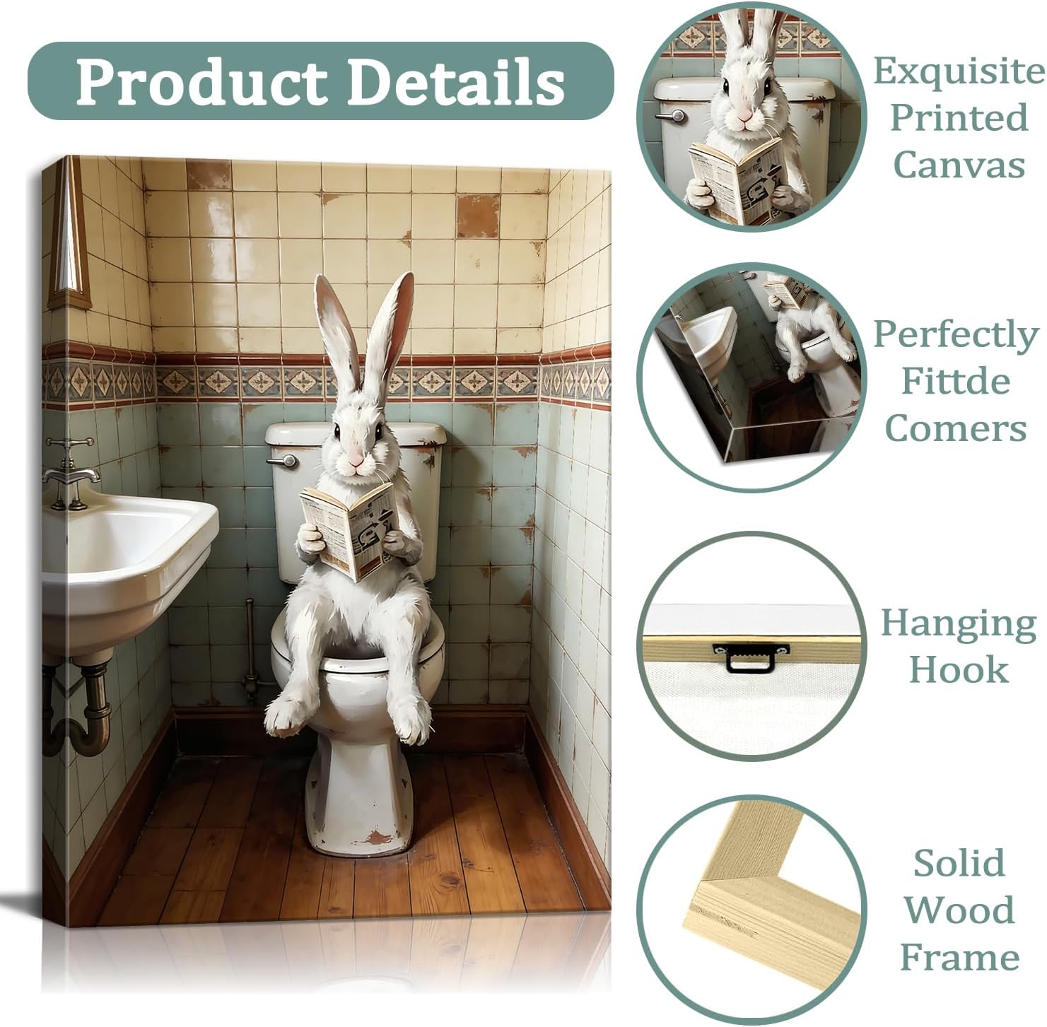 karani Funny Rabbit Bathroom Wall Art, Rabbit Sitting On The Toilet Reading Newspaper Canvas Prints, Modern Rustic Bathroom Pictures Wall Decor for Bathroom, Living Room, Farmhouse 24 * 36in
