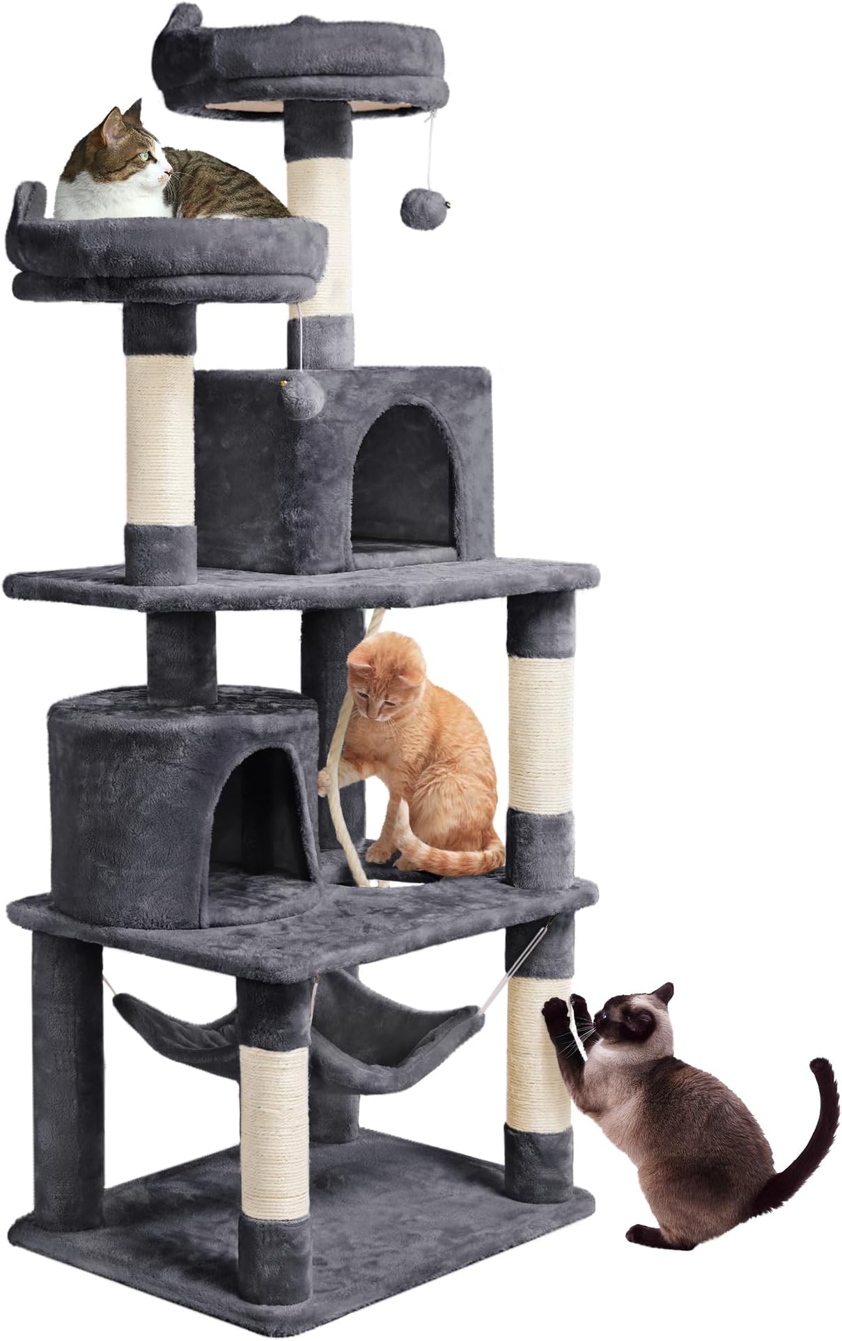 Yaheetech 158cm Multi-level Cat Tree Tower Large Kitten Scratching Posts with Condos/Perches/Hammock Broad-space Kitten Activity Centre, Dark Grey