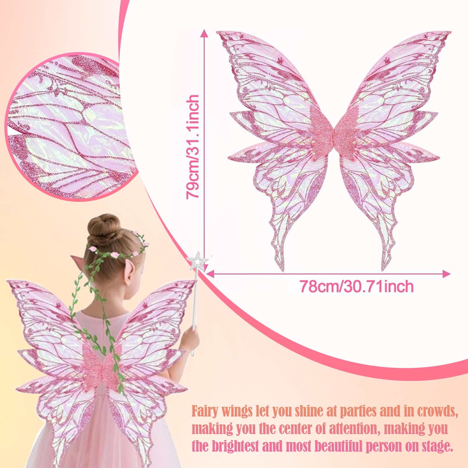 Fairy Wings, Butterfly Wings Adults, 6 PCS Pink Angel Costume Accessories, Sparkling Sheer Wings with Flower Headband - Image 2