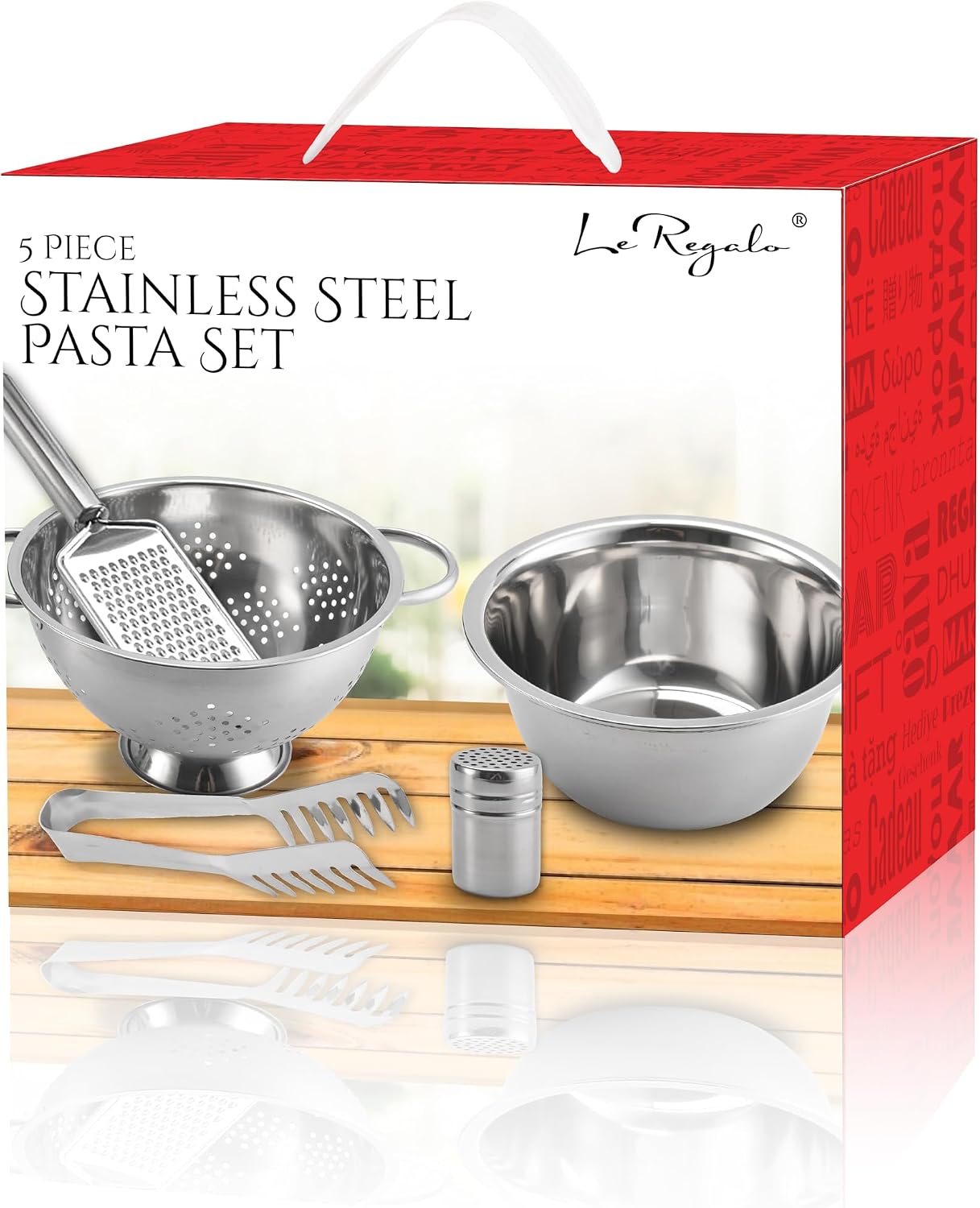 5 Piece Stainless Steel Pasta Set - Mixing Bowl, Colander, Grater, Tongs, Spice Dispenser - Durable and Dishwasher Safe