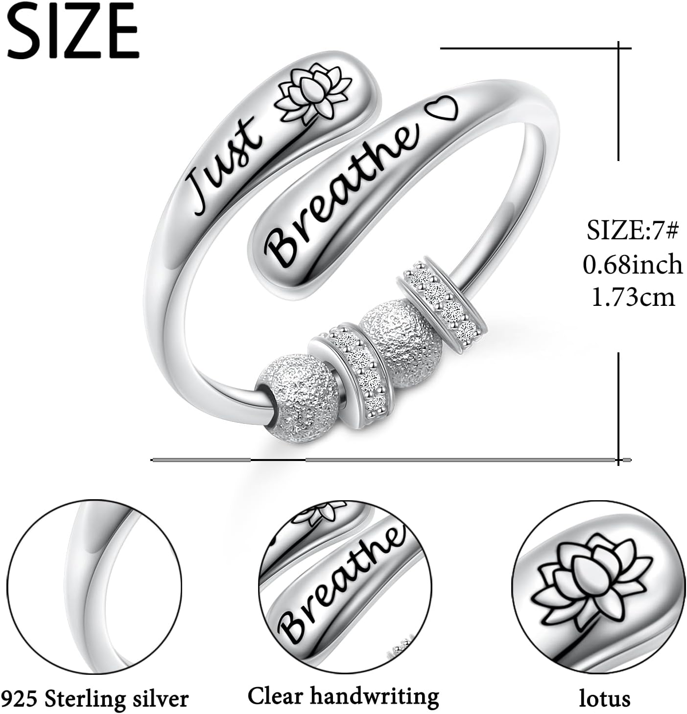 FLYOW Just Breathe Lotus Ring for Women 925 Sterling Silver Adjustable Anxiety Fidget Ring with Spinning Beads Anxiety Relieve Rings Inspirational Christmas Jewelry Gift - Image 6