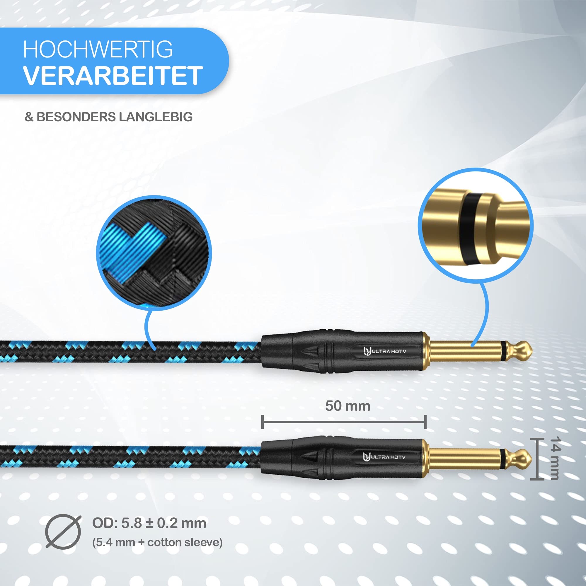 Ultra HDTV Cavo Audio Jack - 10 m Premio 6,35mm Maschio a Maschio, Guaina in Nylon Intrecciato per Strumenti, Chitarra, Basso Elettrico, Tastiera, Amplificatore