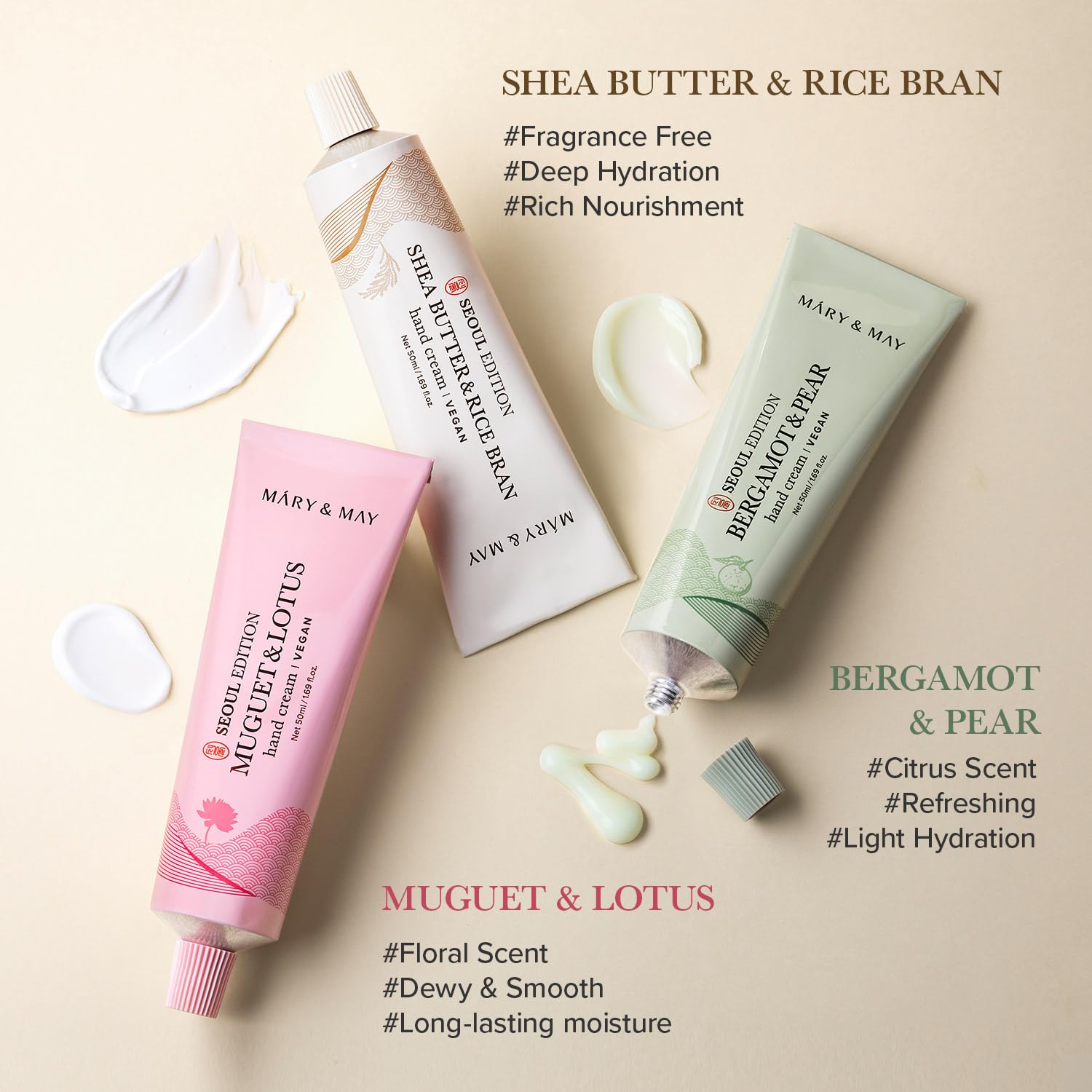 Mary&May SEOUL EDITION Shea Butter & Rice Bran Hand Cream Trio Set - Korean Nourishing Vegan Hand Moisturizer for Soft, Healthy Hands - 3 Different Formula & Scent, 1.69oz. 3ea