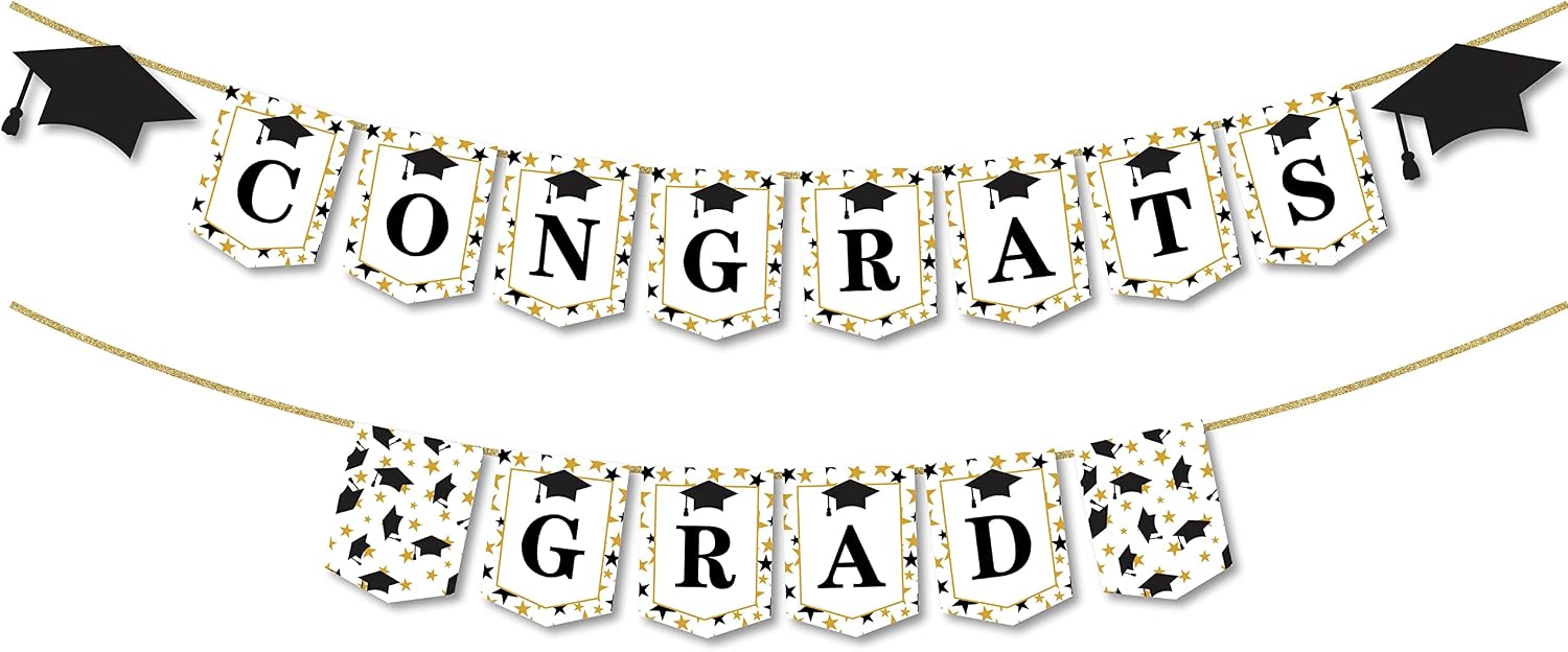 KatchOn, Congrats Grad Banner 2025 - No DIY, 2 Strings | Congrats Banner with Graduation Cap Garland | Black and White Graduation Decorations 2025 | Congrats Grad Decorations Class of 2025