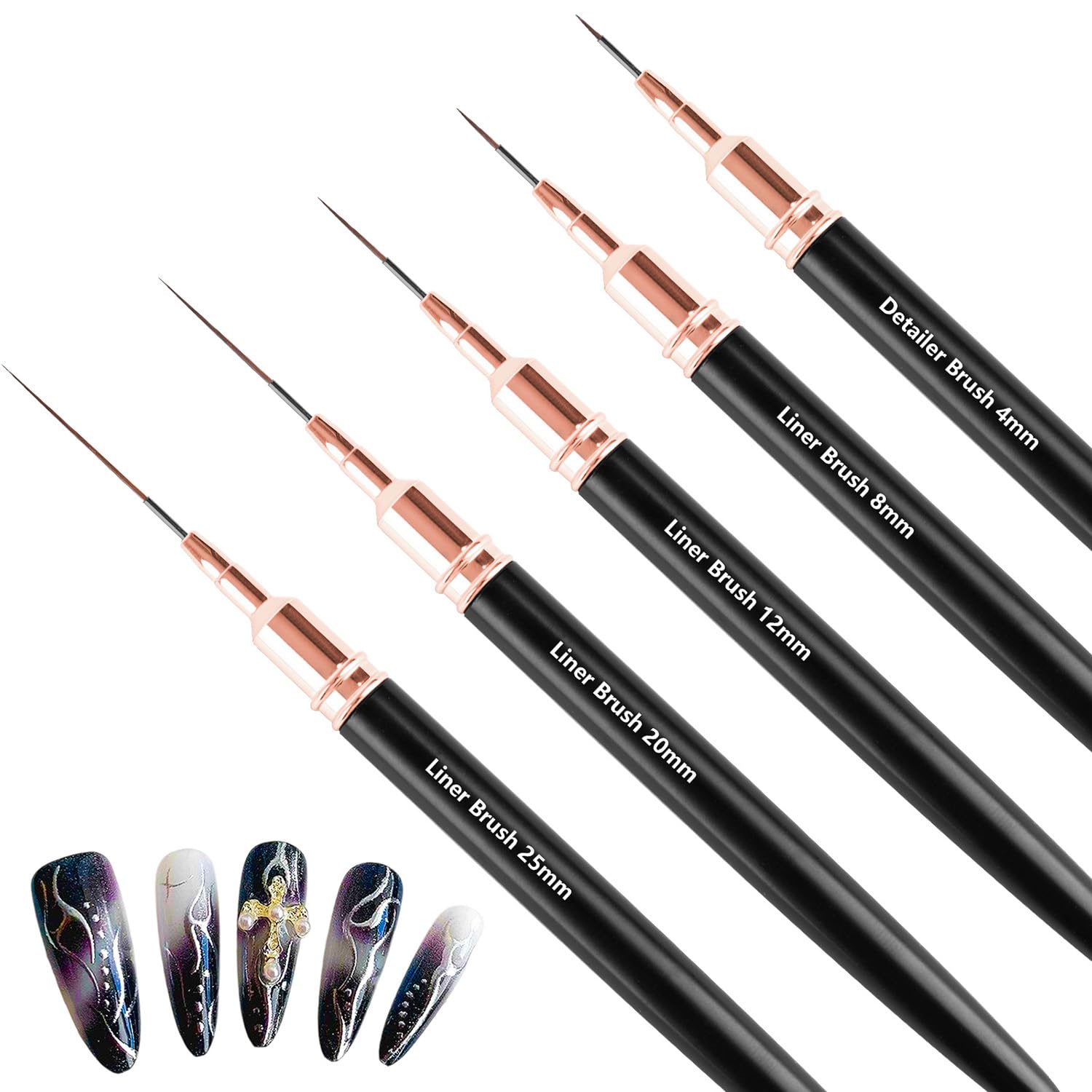 MOXYOY 5Pcs Nail Art Liner Brushes Set, Fine Detail Brushes for Thin Lines, Gel Polish Painting & Nail Design, Fingernails Drawing Tool for Long Lines & Precision Art,Sizes 4/8/12/20/25mm (Deep Black)