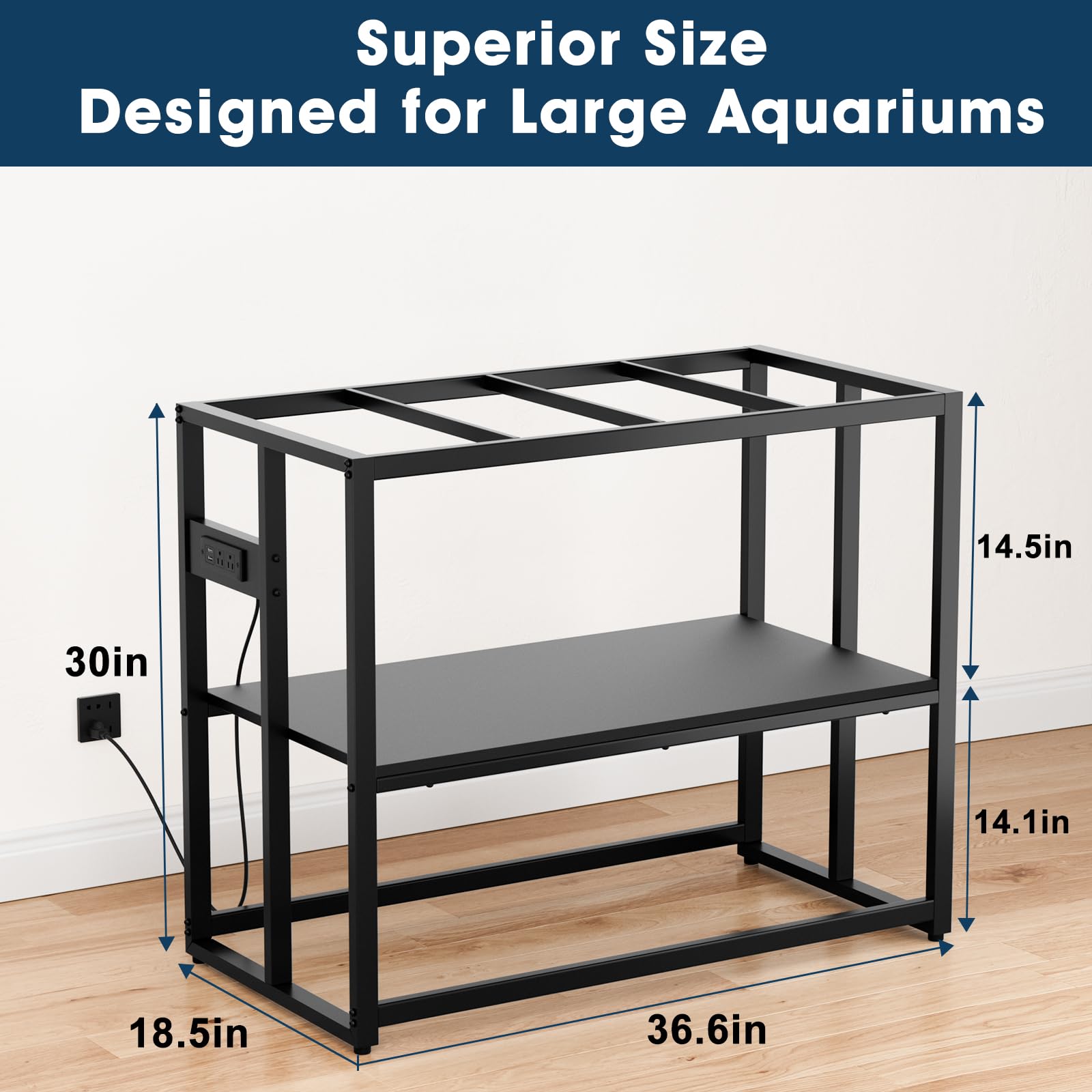 Urban Deco Support d'aquarium de 40 gallons avec prises de courant, capacité de 300 kg, support d'aquarium en métal, support de terrarium à double couche, noir