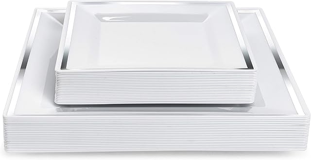 MATANA - 40 (Pack) Premium Multi-Use Square Silver Rim Plastic Dinner & Dessert Party Plates - 20 x 24cm, 20 x 16cm