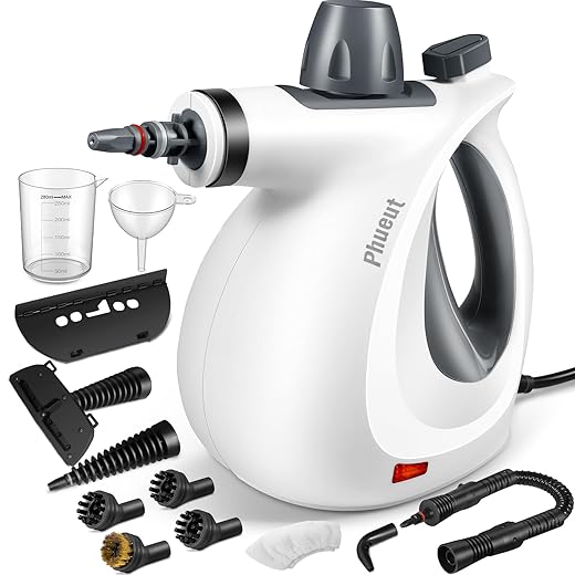 Pressurized Handheld Multi-Surface Natural Steam Cleaner with 12 pcs Accessories, Multi-Purpose Steamer for Home Use, Steamer for Cleaning Floor, Upholstery, Grout and Car (Grey)