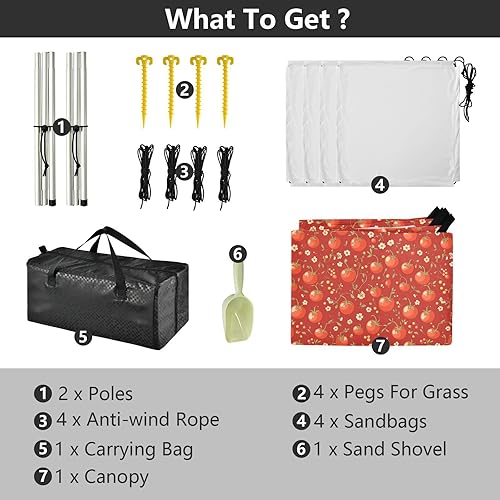 Miniatura 4 de Tienda de campaña y toldo de playa de tomate rojo de dibujos animados, UPF50+, parasol portátil ligero con bolsas de arena y pala de arena para