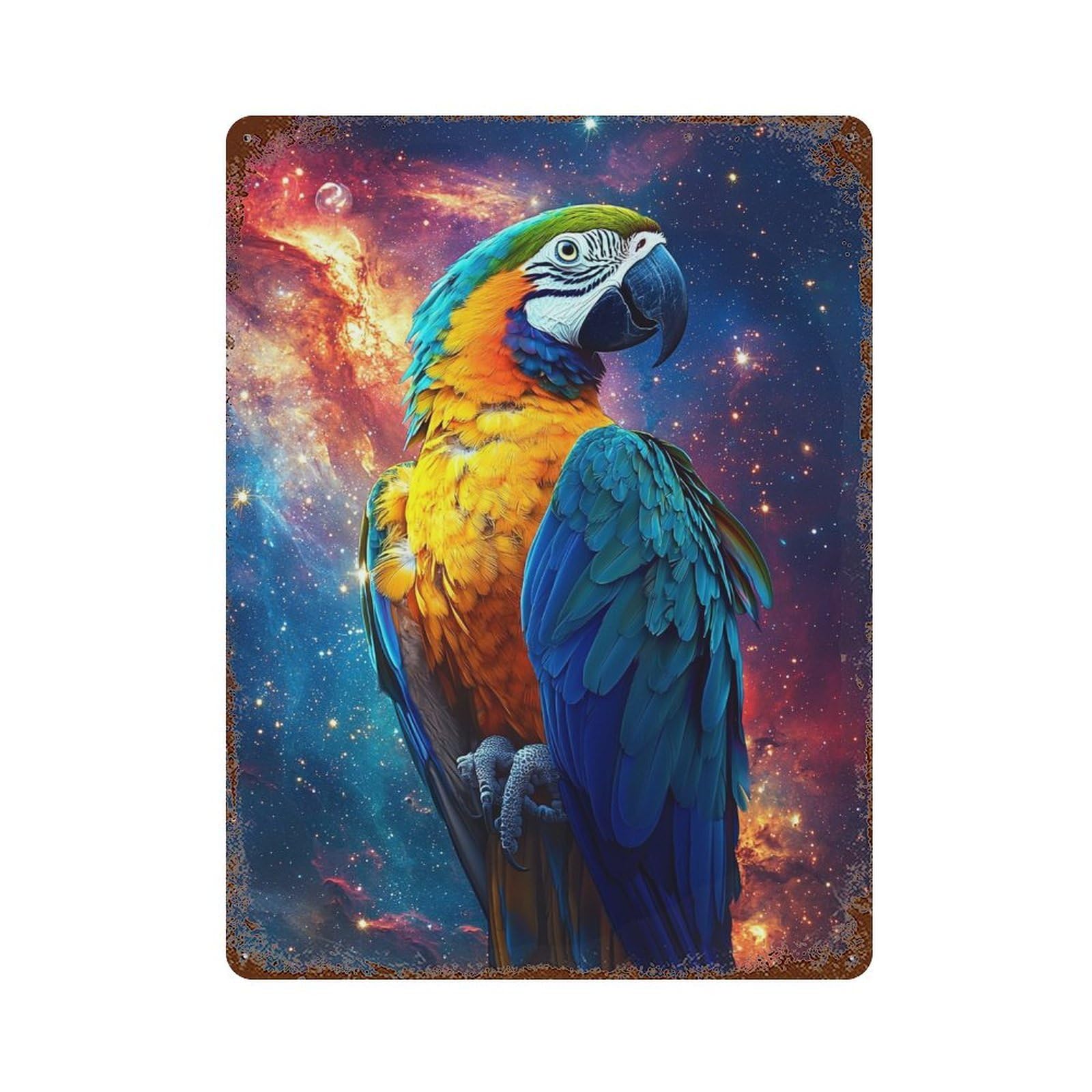 Rust Effect Galactic Macaw Parrot Art Print Rustic Tin Plaque 15.7"x11.8", Industrial Home Decor for Bistro, Counter And Cafe Decor