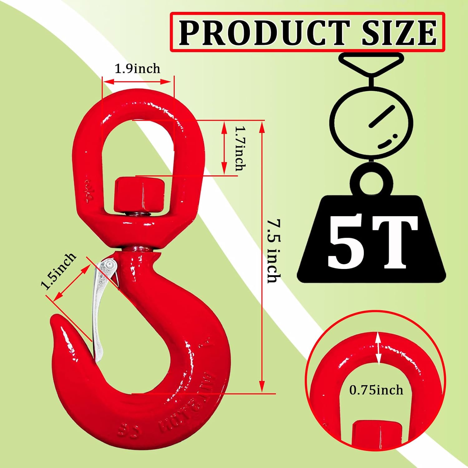 5 Ton Swivel Lifting Hook, Heavy Duty Crane Swivel Hook with Safety Latch, 11000 lbs Rotating Hoist Hooks Swivel Eye Sling Hook, Universal G80 Swivel Chain Hooks for Lifting Chains