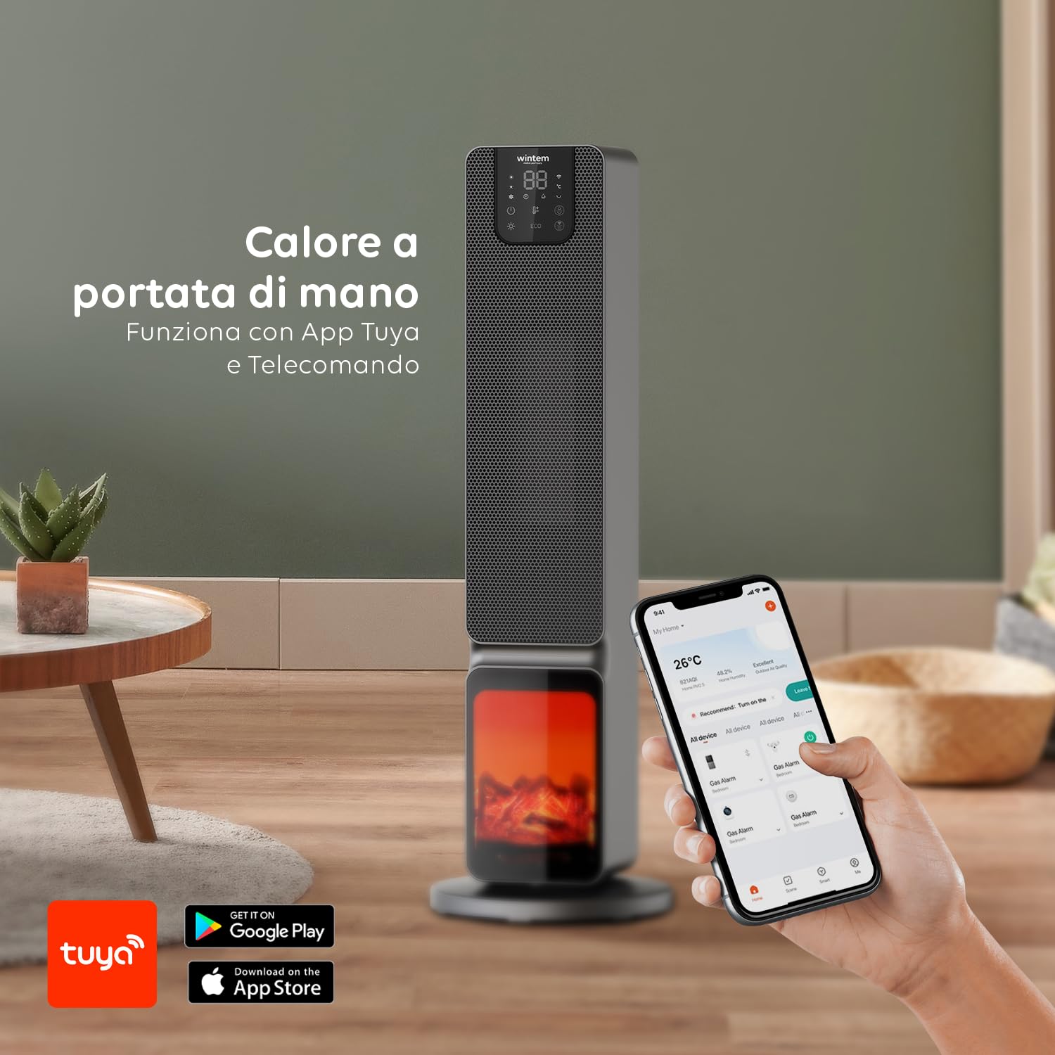 Stufa a Torre con Effetto fiamma e Controllo da Smartphone con App Caminetto Elettrico Doppia Potenza 800/2000W Display a LED con Telecomando