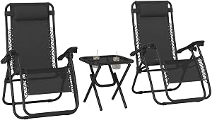 Outsunny Zero Gravity Chair Set of 2 with Side Table, Folding Lounge Chair with Cup Holders and Pillows, Outdoor Recliner Set for Pool, Backyard, Lawn, Beach, Black