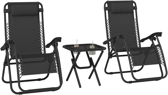Outsunny Zero Ensemble de chaises gravitationnelles 2 avec table d'appoint, chaise pliante de salon avec supports de coupe et oreillers, ensemble inclinateur extérieur pour piscine, jardin, pelouse, plage, noir