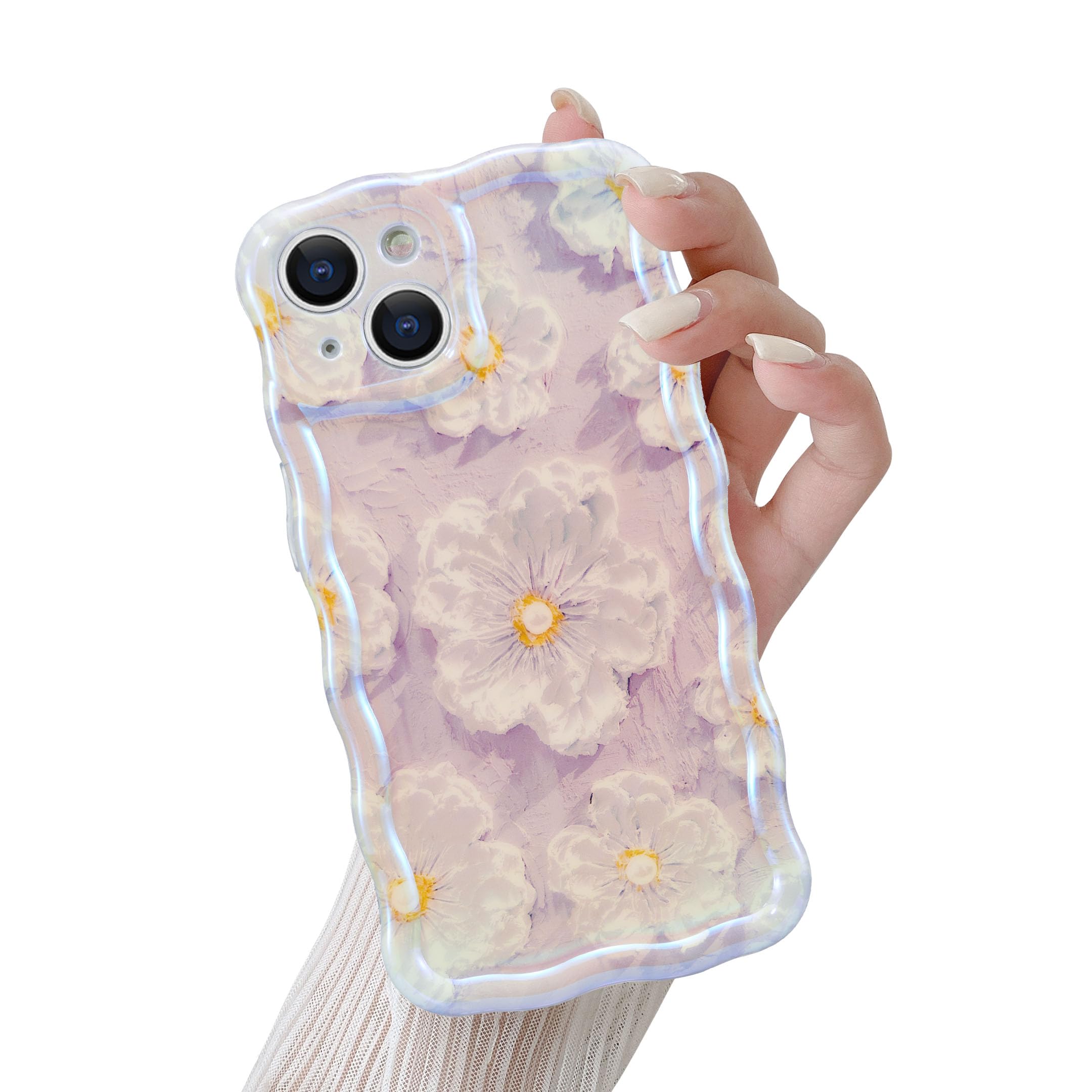 QLTYPRI Case for iPhone 13, Laser Colorful Retro Oil Painting Flower Pattern Cute Curly Wave Border Exquisite Phone Case for Girls Women, Shockproof