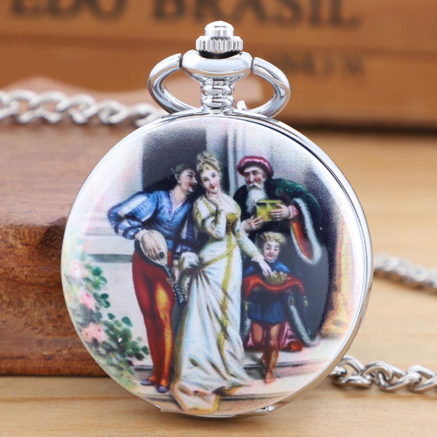 Tiong Steel Shell Colored Porcelain Flower Pattern Design Mechanical Pocket Watch, Men's Mechanical Movement Roman Numeral Dial Single Opening Pocket Watch
