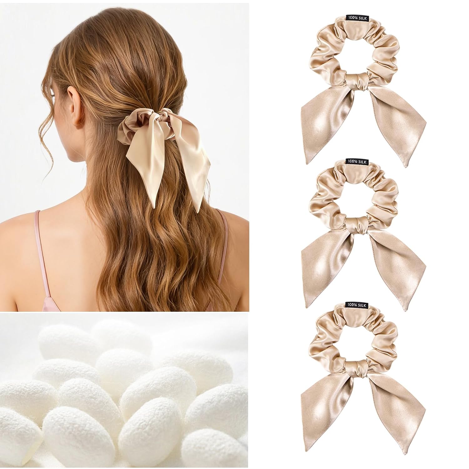 THXSILK 100% Mulberry Silk Bow Scrunchies 3-Pack, 22 Momme Mulberry Silk Hair Ties for Women, Cute Bunny Ear No Damage Ponytail Holders, Fashion Hair Accessories for Girls(M, Beige)