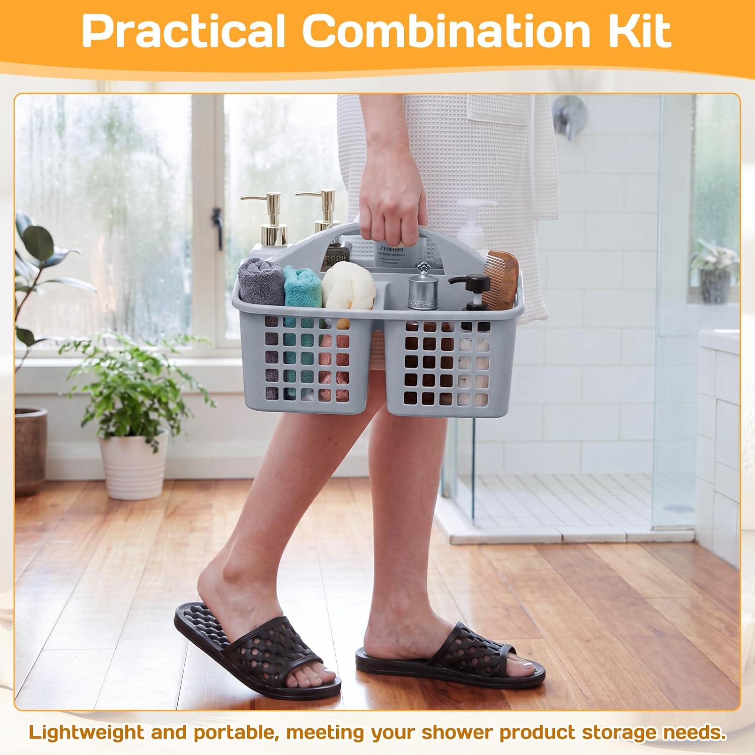 2 Pcs Portable Shower Caddy Basket Quick Drying Shower Sandals Shoes with Holes for Men Women Plastic Basket Organizer with Compartments Handle for College, Beach, Dorm, Spa