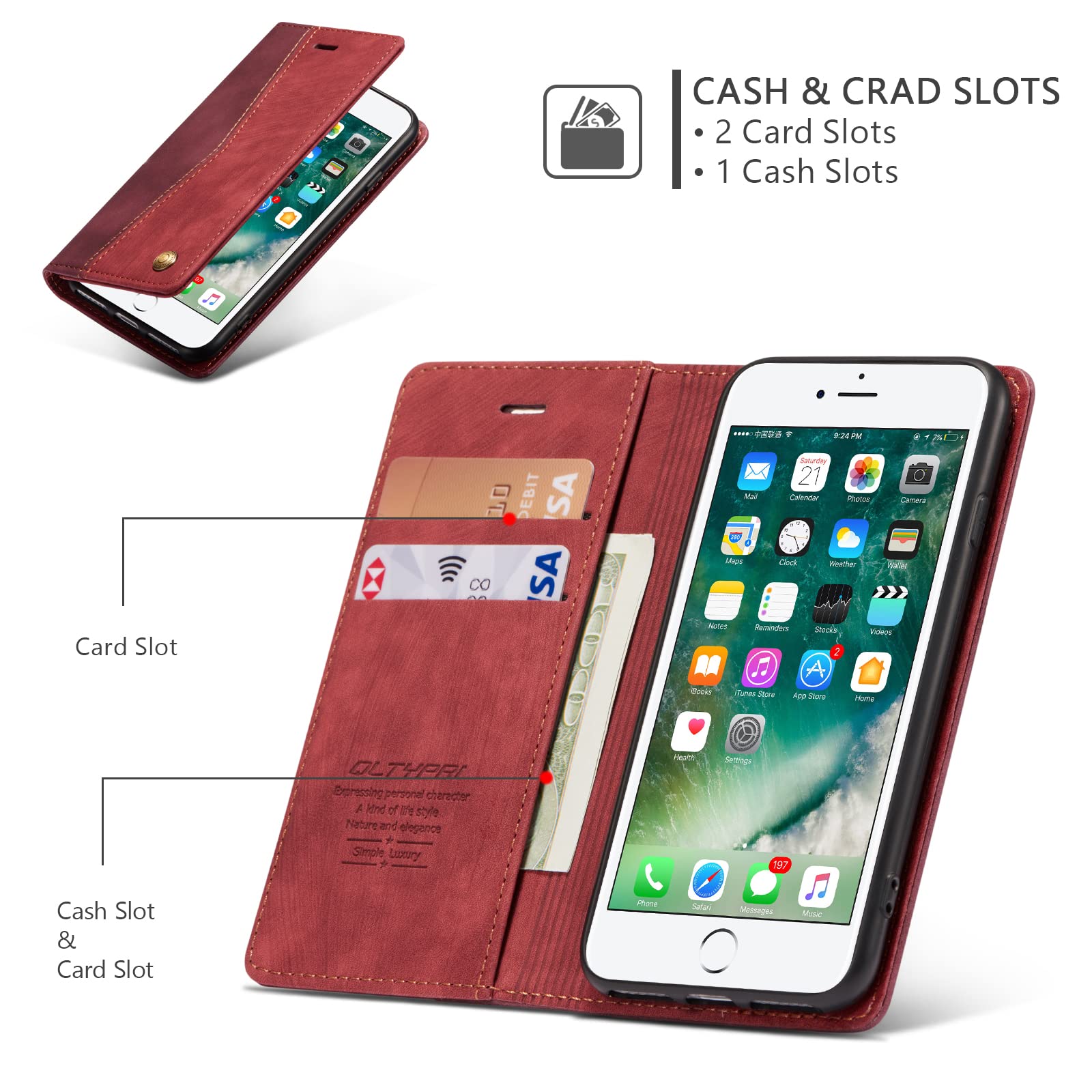 QLTYPRI Wallet Case for iPhone SE 2022 5G/iPhone 8/iPhone 7, Vintage Folio PU Leather Case with Card Slots Magnetic Closure Kickstand Flip Crashproof Phone Cover for iPhone 7/8/SE2/SE3-Wine Red